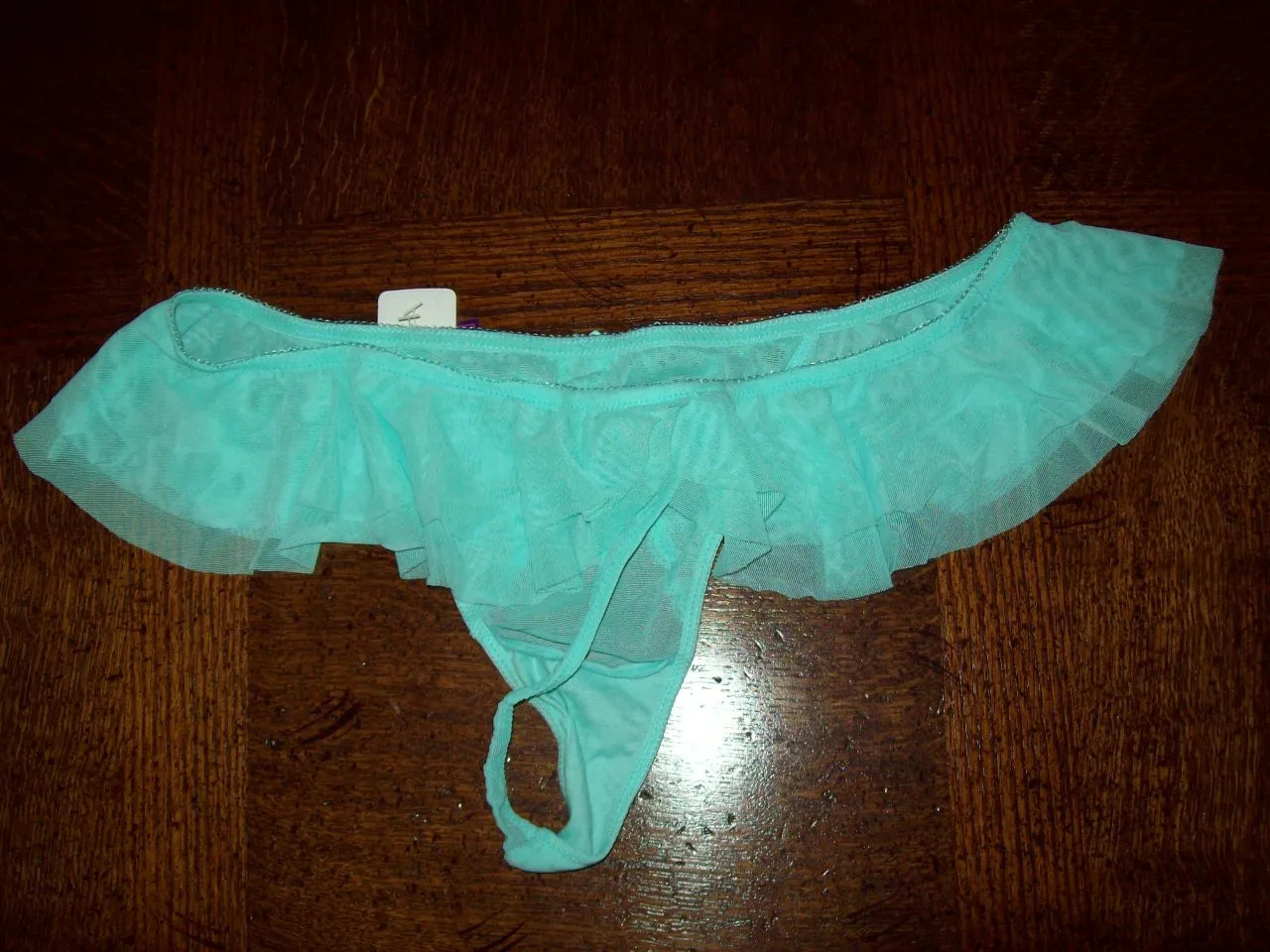 NWT SAKI SILVER NYLON SPANDEX THONG PANTIES w RUFFLE 121032 ARUBA BLUE M