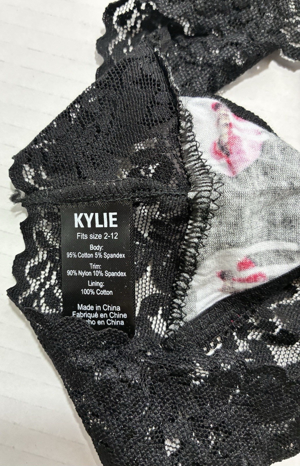 KYLIE Women’s Black Lace Lips Thong Panties One Size Stretch Cotton Blend