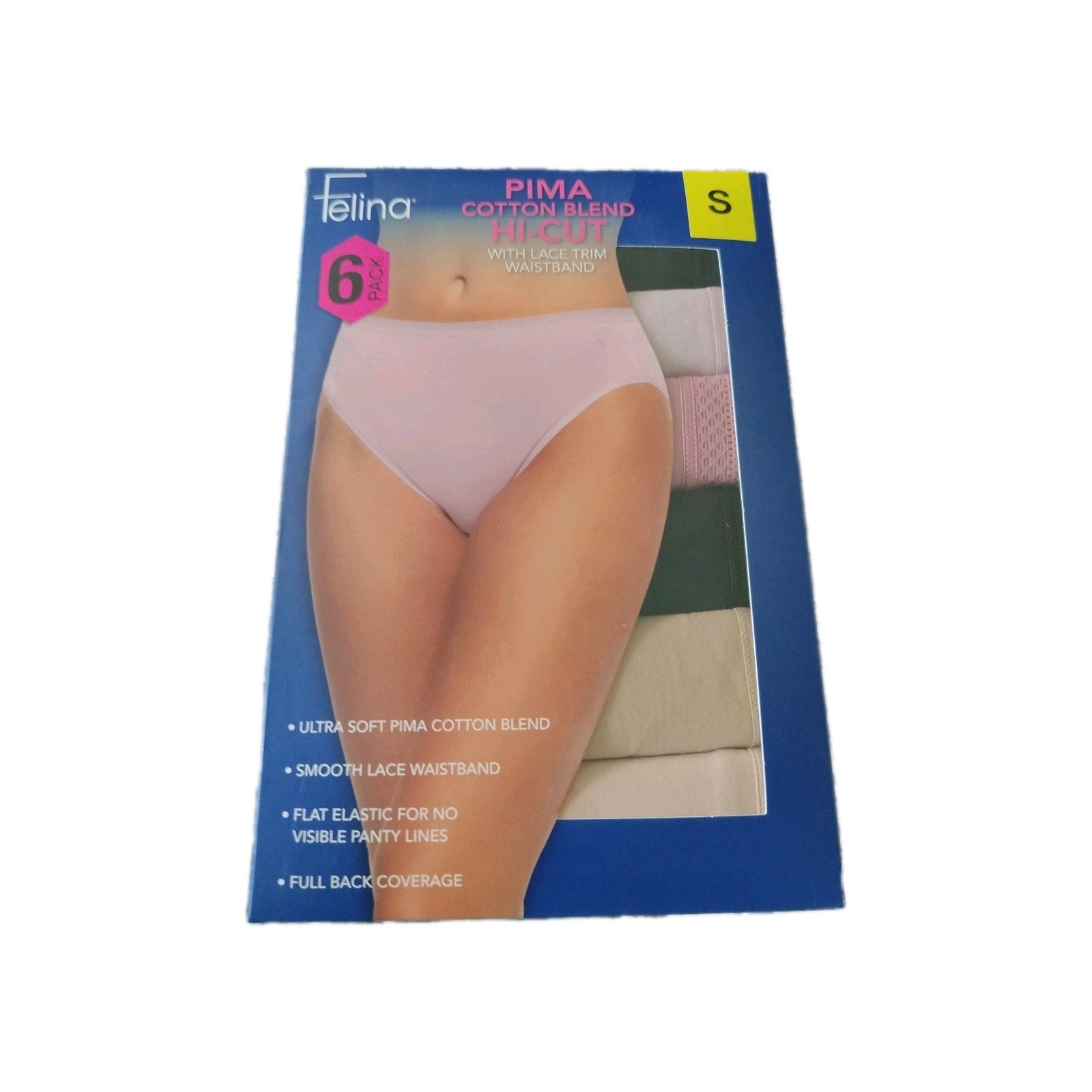 Felina Women’s 6-Pack Pima Cotton Hi-Cut with Lace Trim Panties Multicolor Small