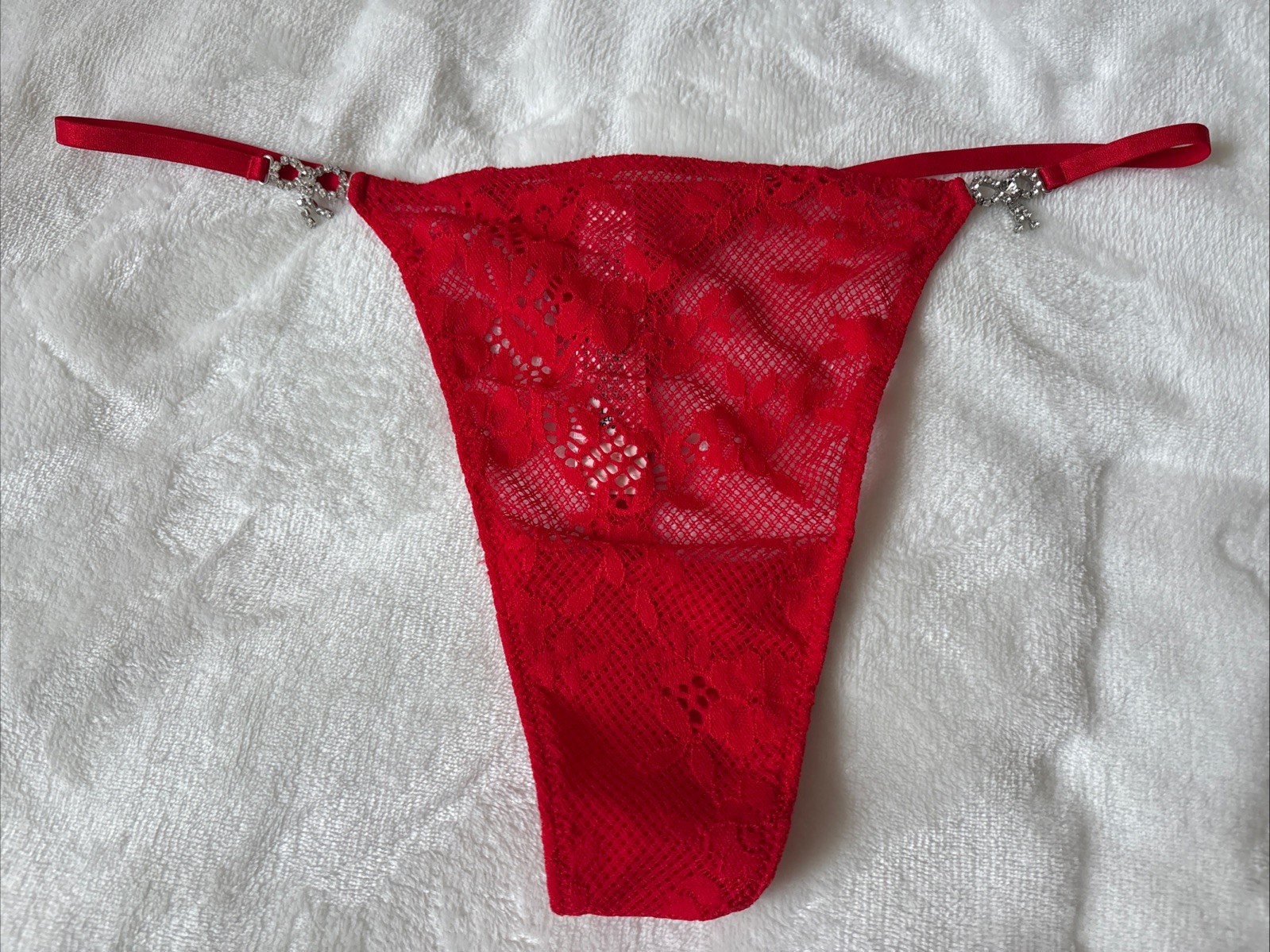Victoria’s Secret Panties Thong Panty Red Floral Lace Bling Crystals Bows XL NWT