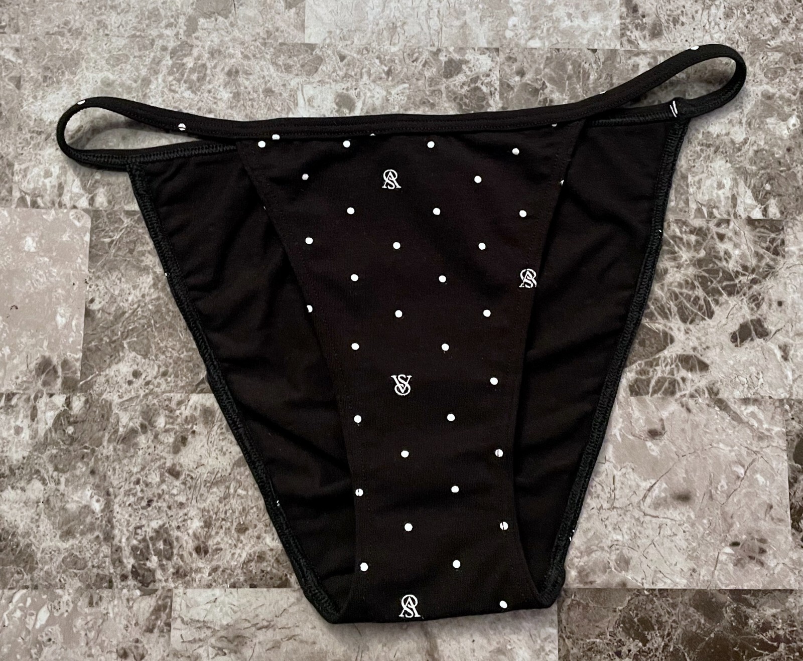 NWT VICTORIA’S SECRET BLACK WHITE POLKA DOT MONOGRAM TANGA STRING CHEEKY PANTIES