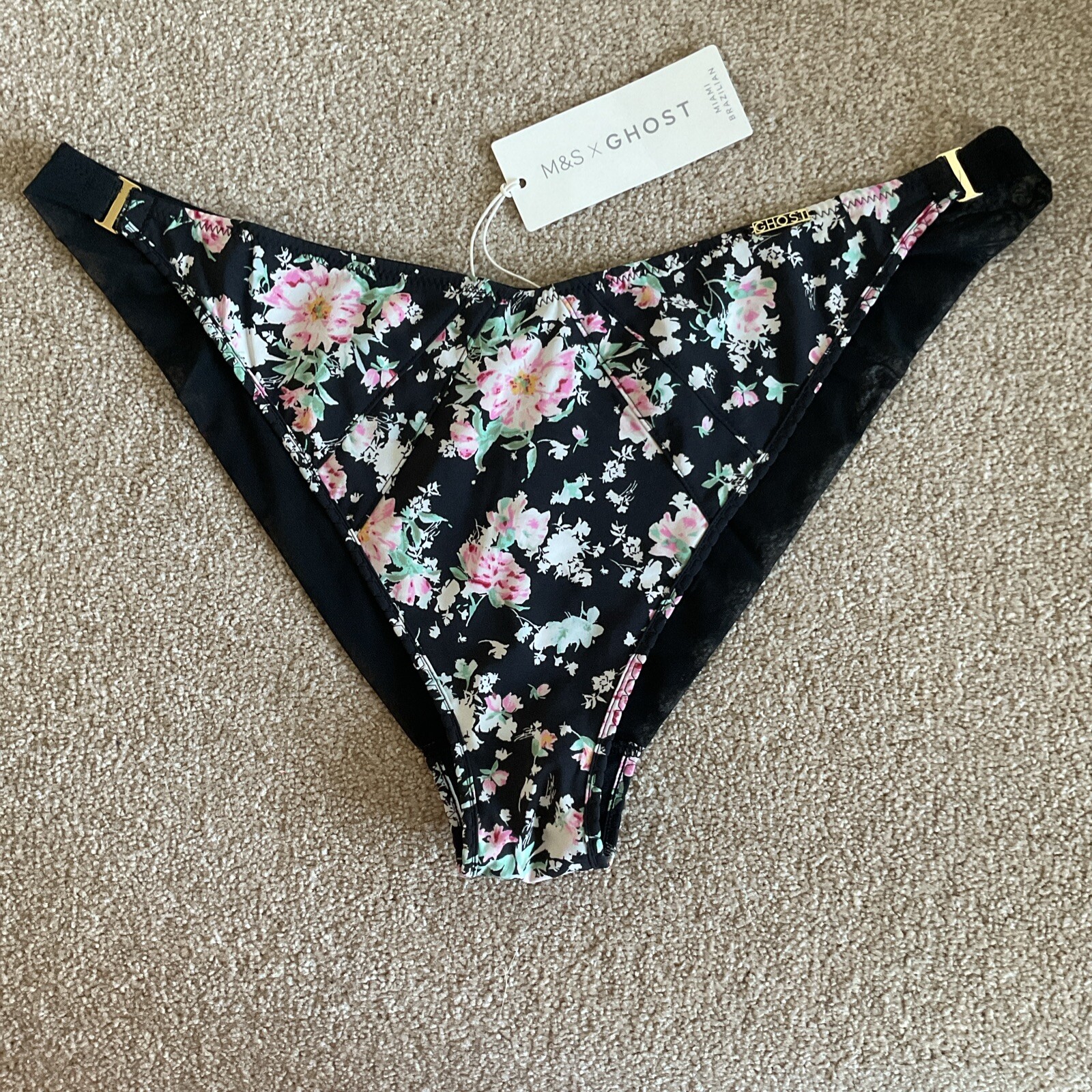 M&S Size 14 X Ghost Pretty Miami Brazilian Knickers Black Mix Pink Floral Soft