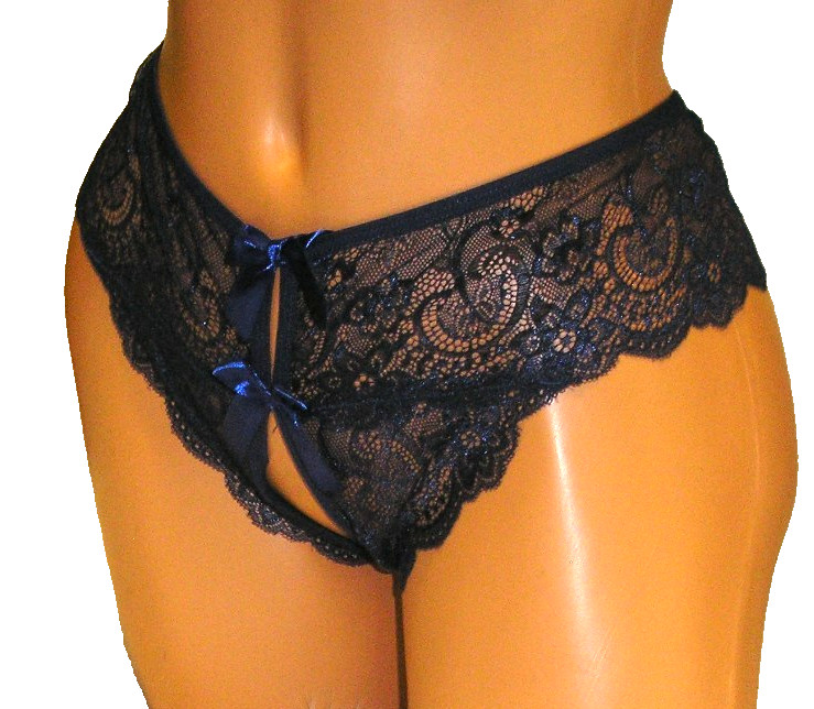 Panties Lingerie Bow Front & Back Dark Blue Lace Crotchless, 0XL Adult Gift