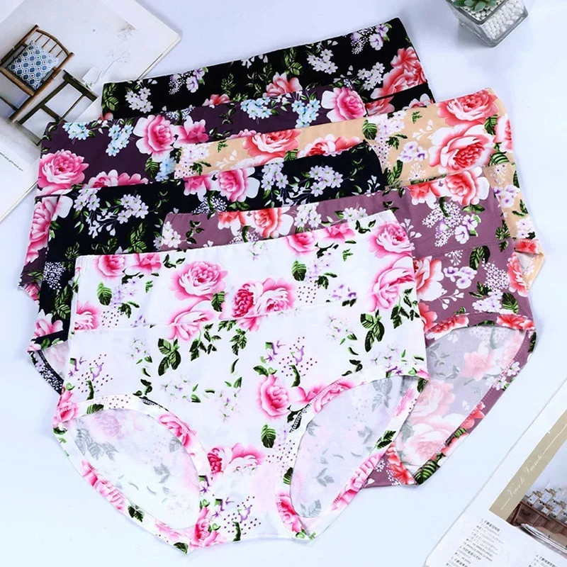 Bamboo Fiber Panties High Waist Floral Plus Size Breathable Women’s Underwear