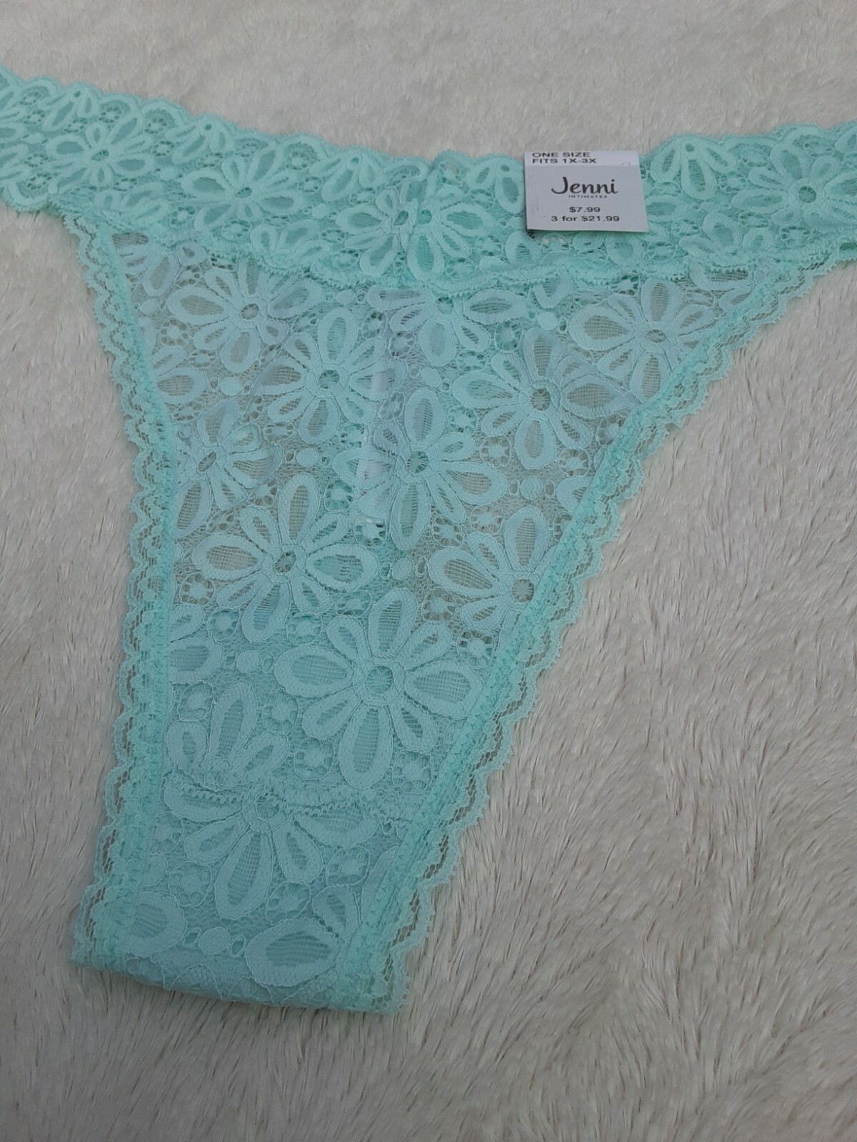 • NWT Jenni Womens Lace Thong Underwear Panty One Size Plus, Fits 1X 2X 3X Green