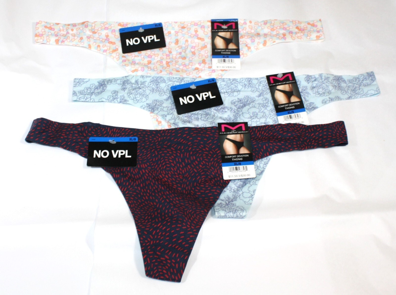 NWT set of 3 MAIDENFORM comfort devotion THONG PANTELS GEOBLUE RED DASHES FLORAL
