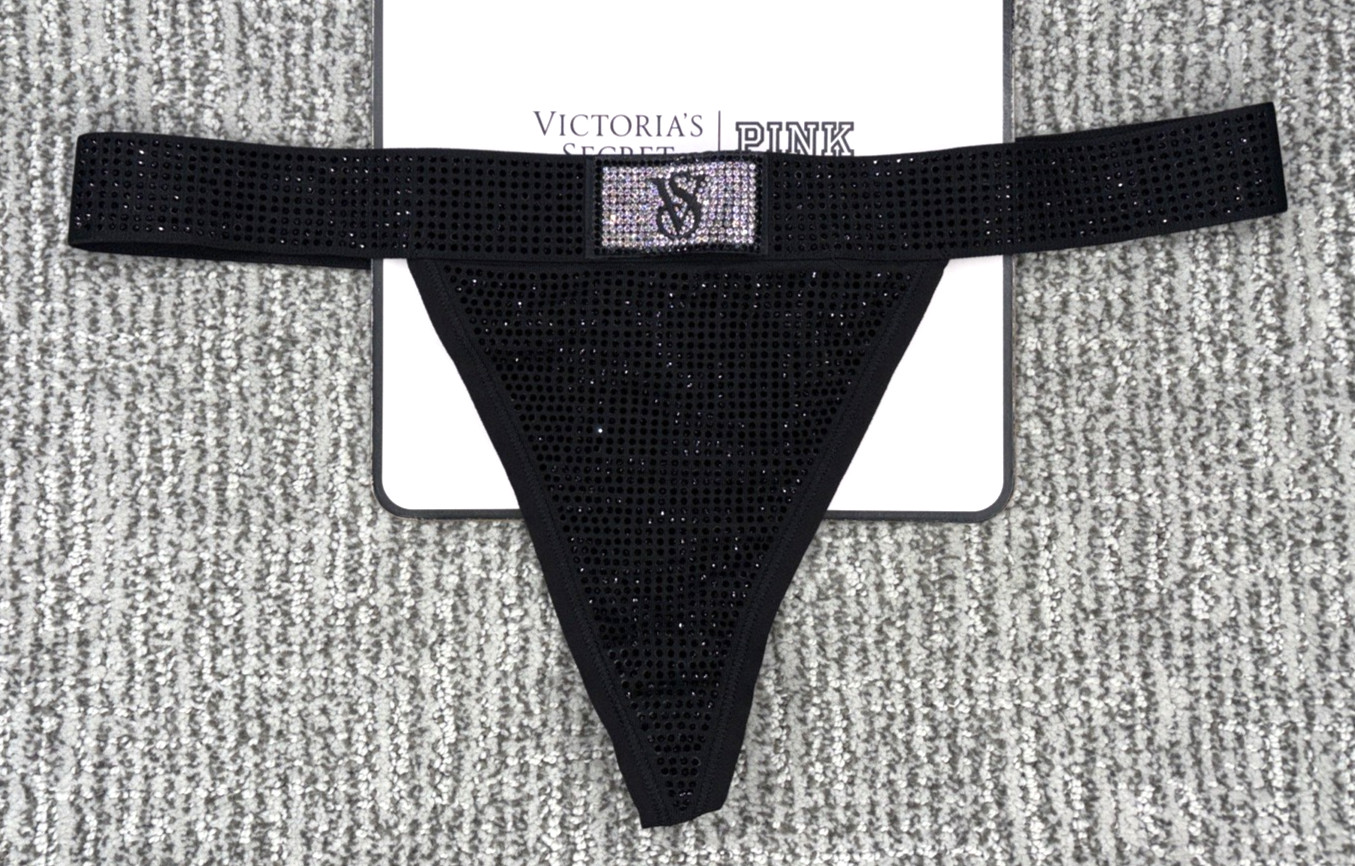 Victoria’s Secret NWT Large Black Allover Rhinestone Shine Patch V String Panty