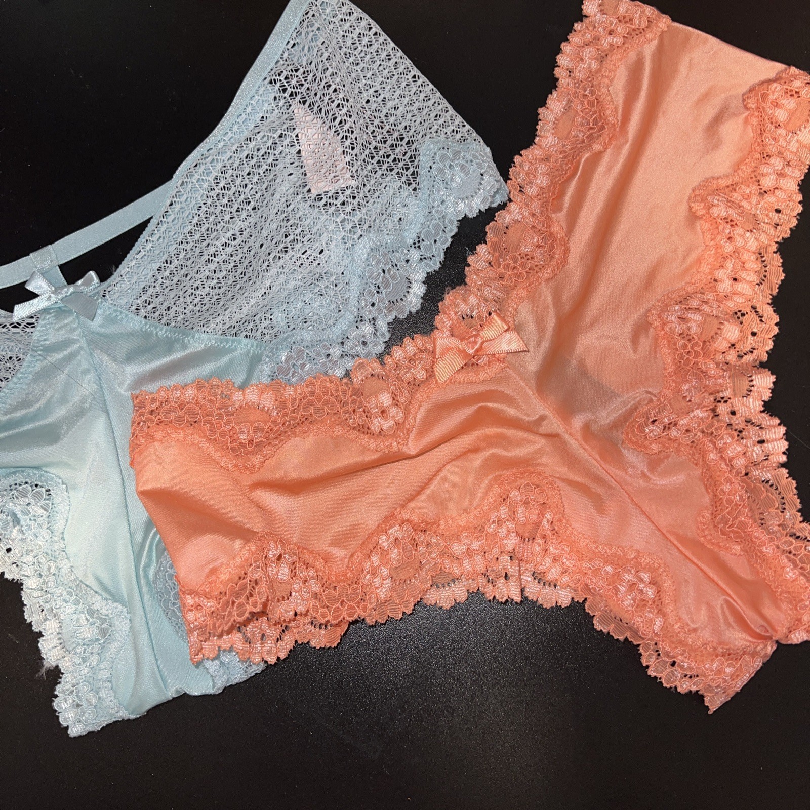 Victoria’s Secret S CHEEKY PANTY LOT 2 Aqua Blue Neon Orange Lace Mesh Smooth