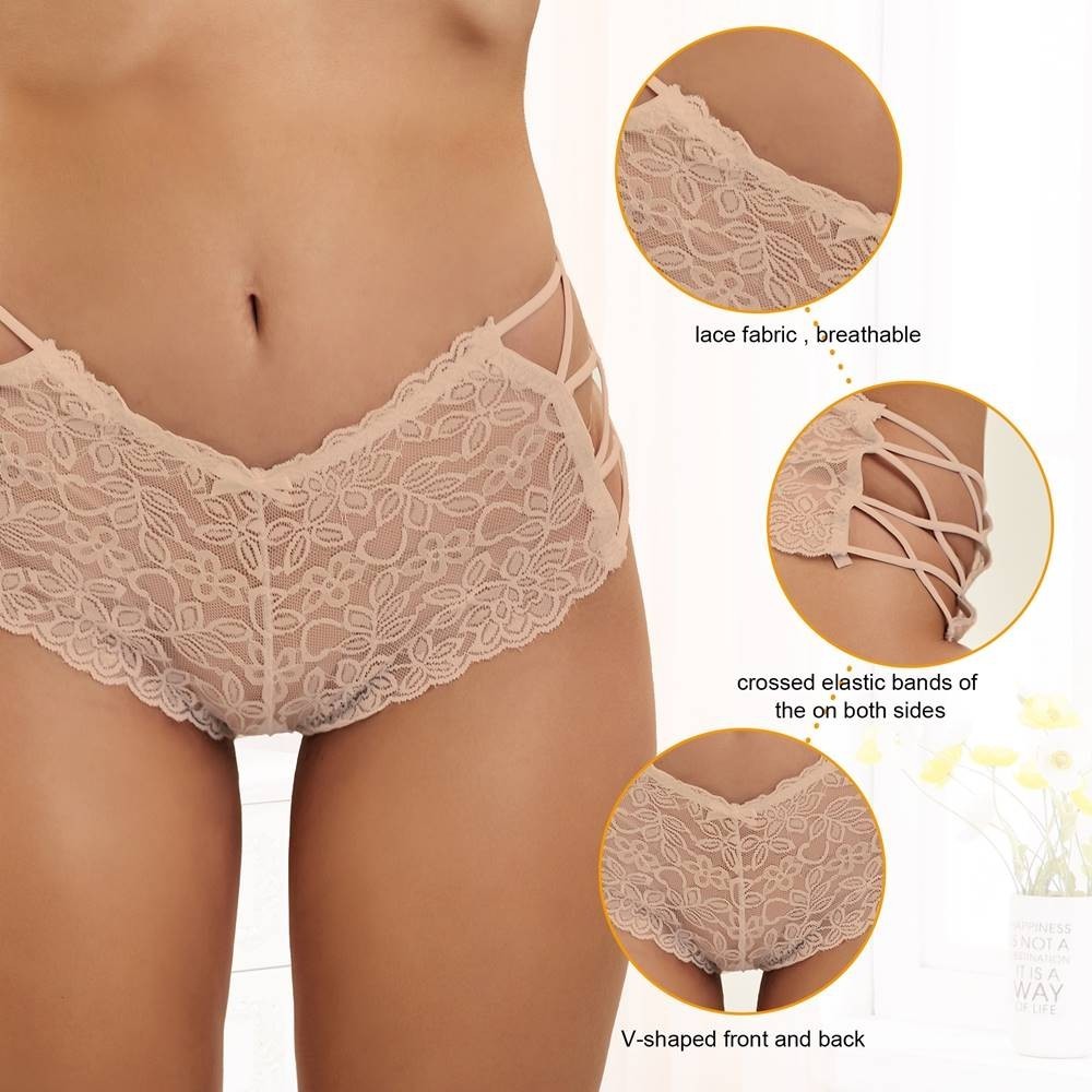 WOW BABE Nude Cross Tie Floral Lace Open Crotch French Knickers Panty Size 14