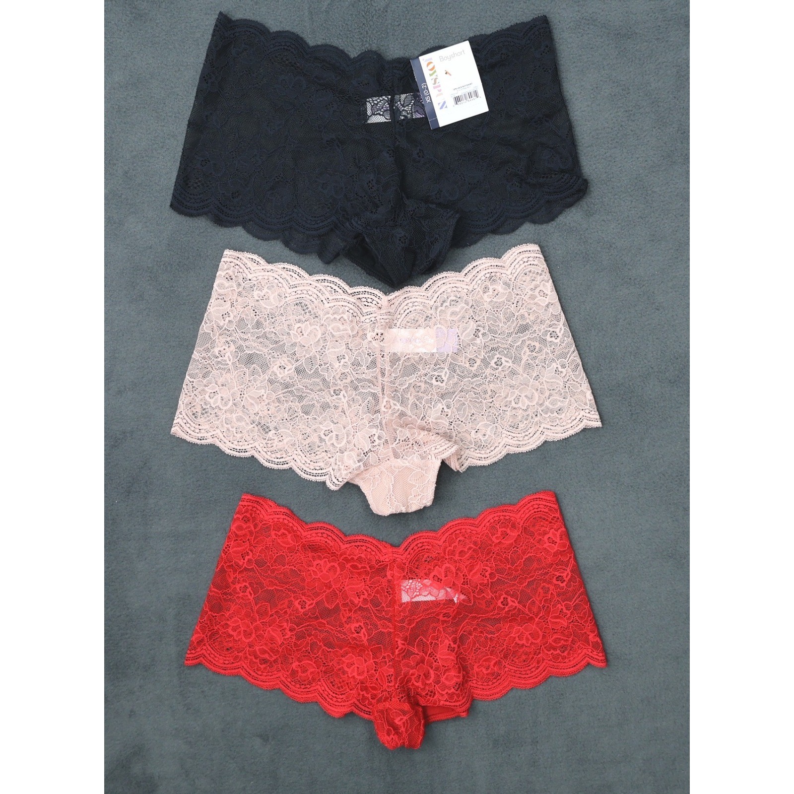 Joyspun Womens 3 Pack Lace Boyshort Panties Black Pink Red Size XS 0-2 JS662