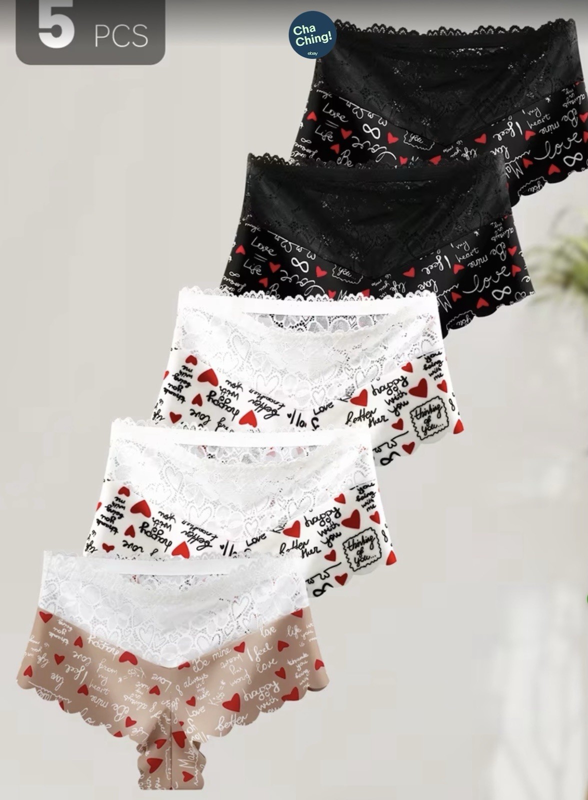 Women’s Teens Mid-Rise Lace Briefs Heart Script Print Red Black White 5Pk Large