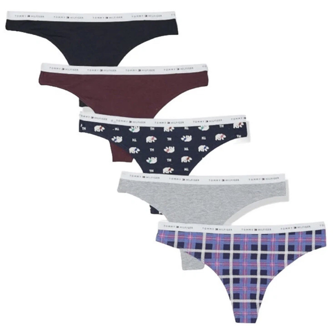 Tommy Hilfiger Women’s Cotton Thong Underwear 5-Pack Medium Panties Polar Bear