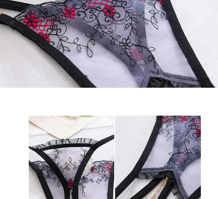 Pearl Pendant Crotchless Open Thongs Women Lace Transparent Embroidery G String