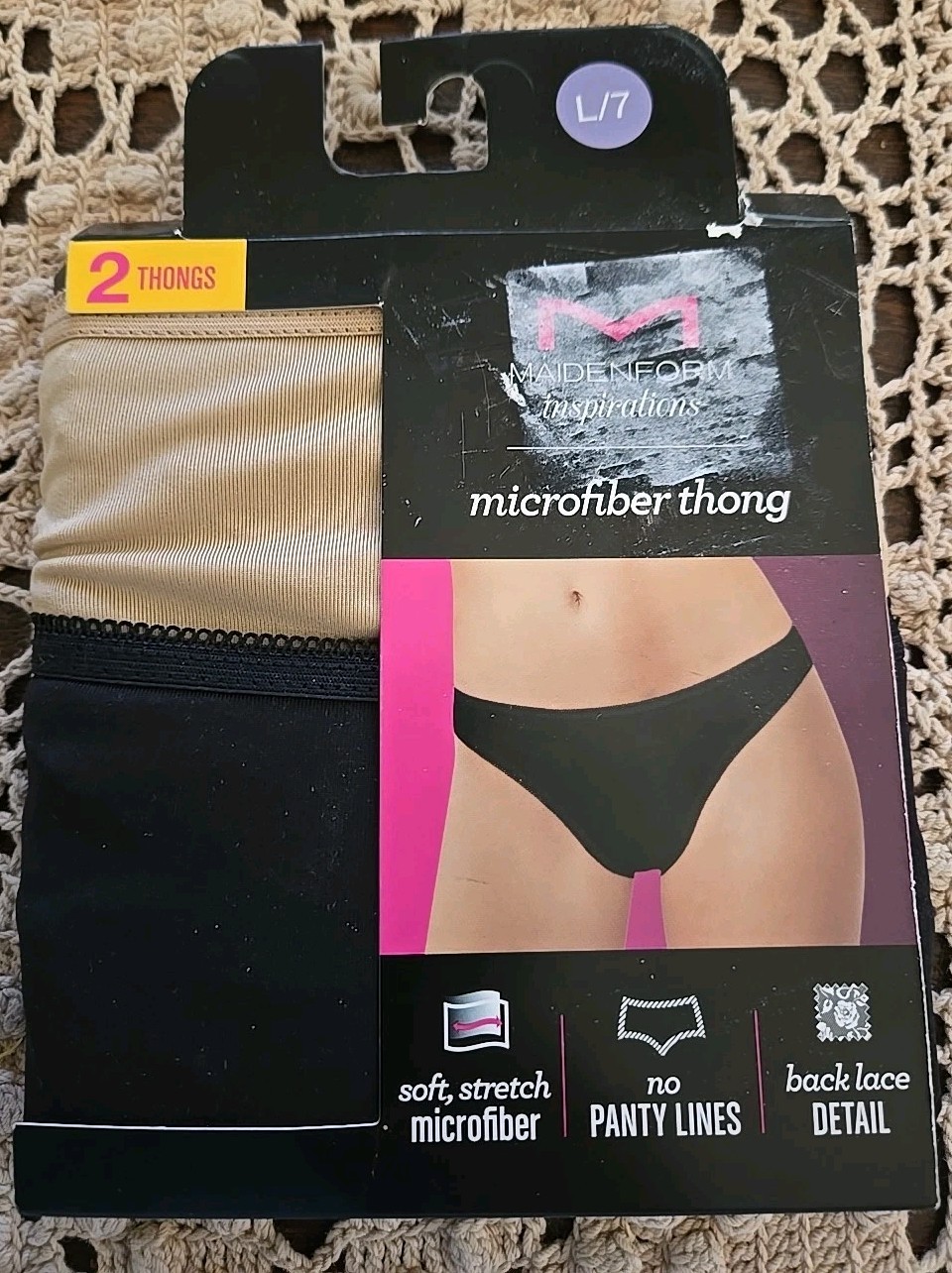 NEW Maidenform 2 Pair L/7 Thong Panties Black Tan Lace Detail NIFP