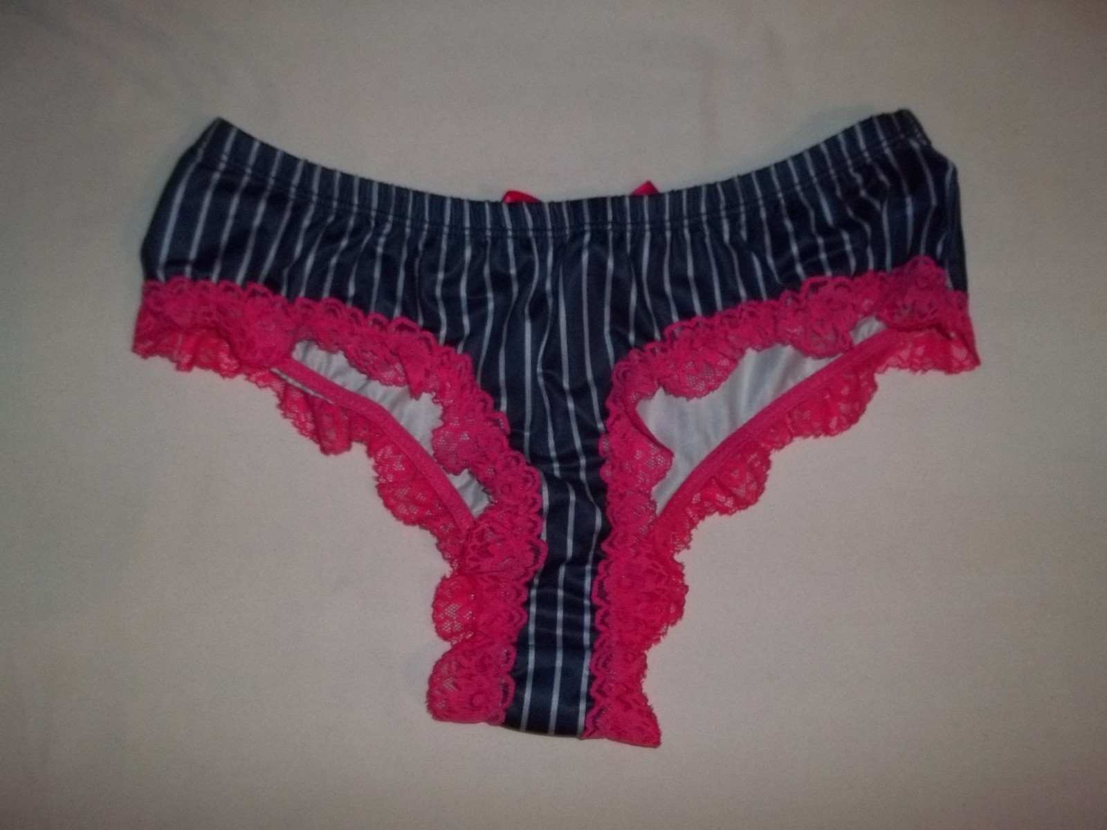 Shein striped lace trim thong panties S navy & white w/pink nip kawaii 80s retro