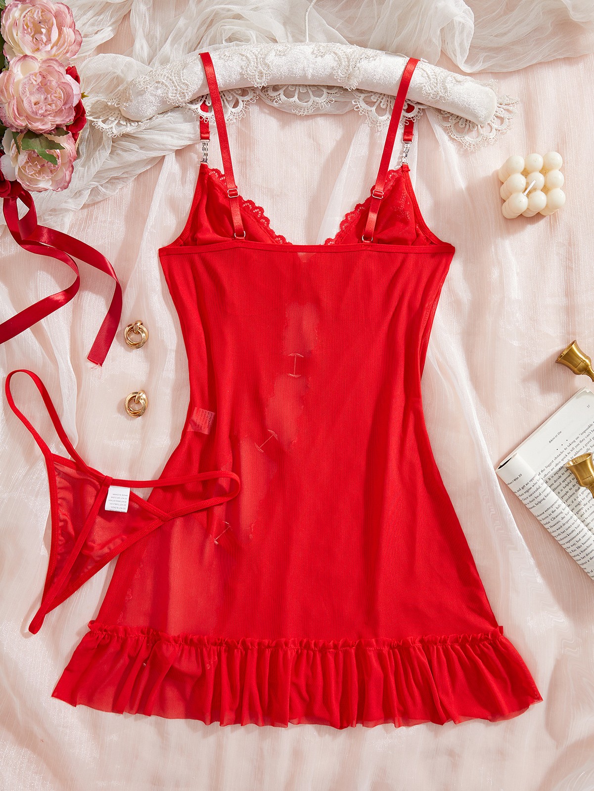 Sexy Women Floral Hollow-out See Through Bodycon Ruffle Teddy Nightgown G-string
