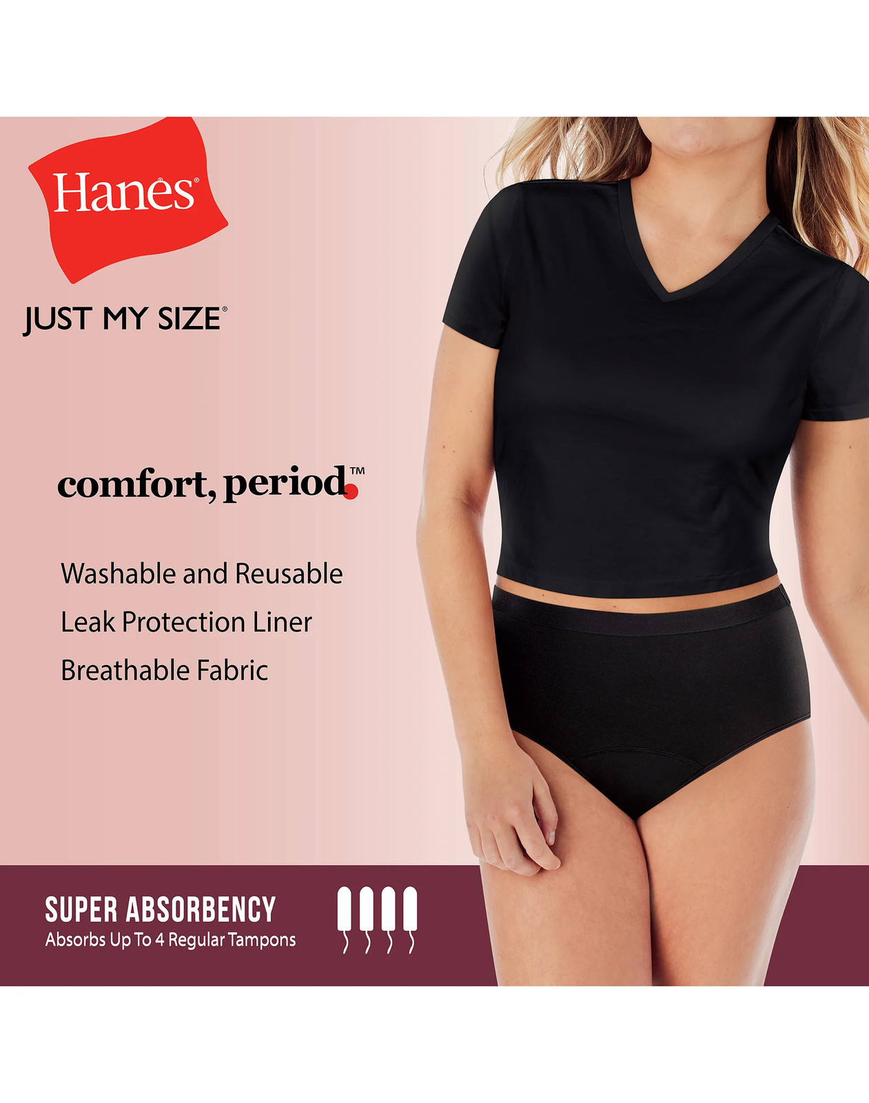 Hanes Just My Size Comfort, Period. Brief Underwear, Super Leaks, 2-Pack (PLUS