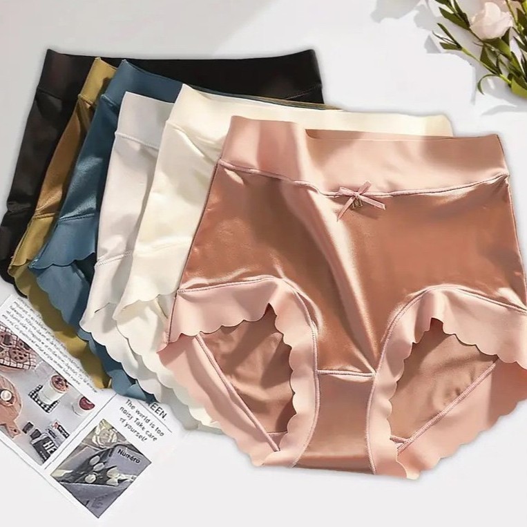 5 Pack Seamless Satin Ice Silk Bikini Antibacterial Gusset Tummy Control Panties