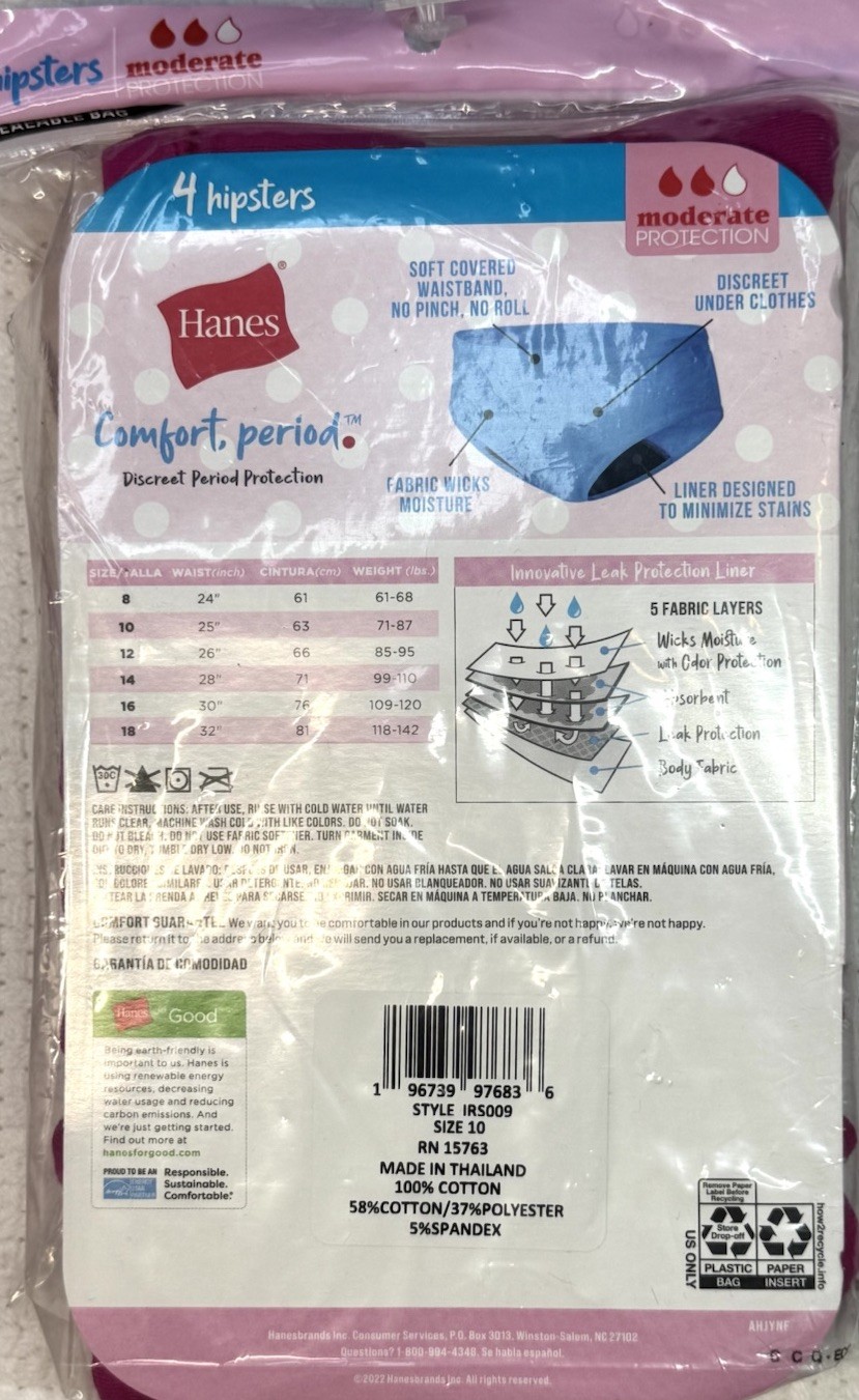 Hanes Comfort Period 4-Pack Hipster Underwear Moderate Protection Pink Size 10