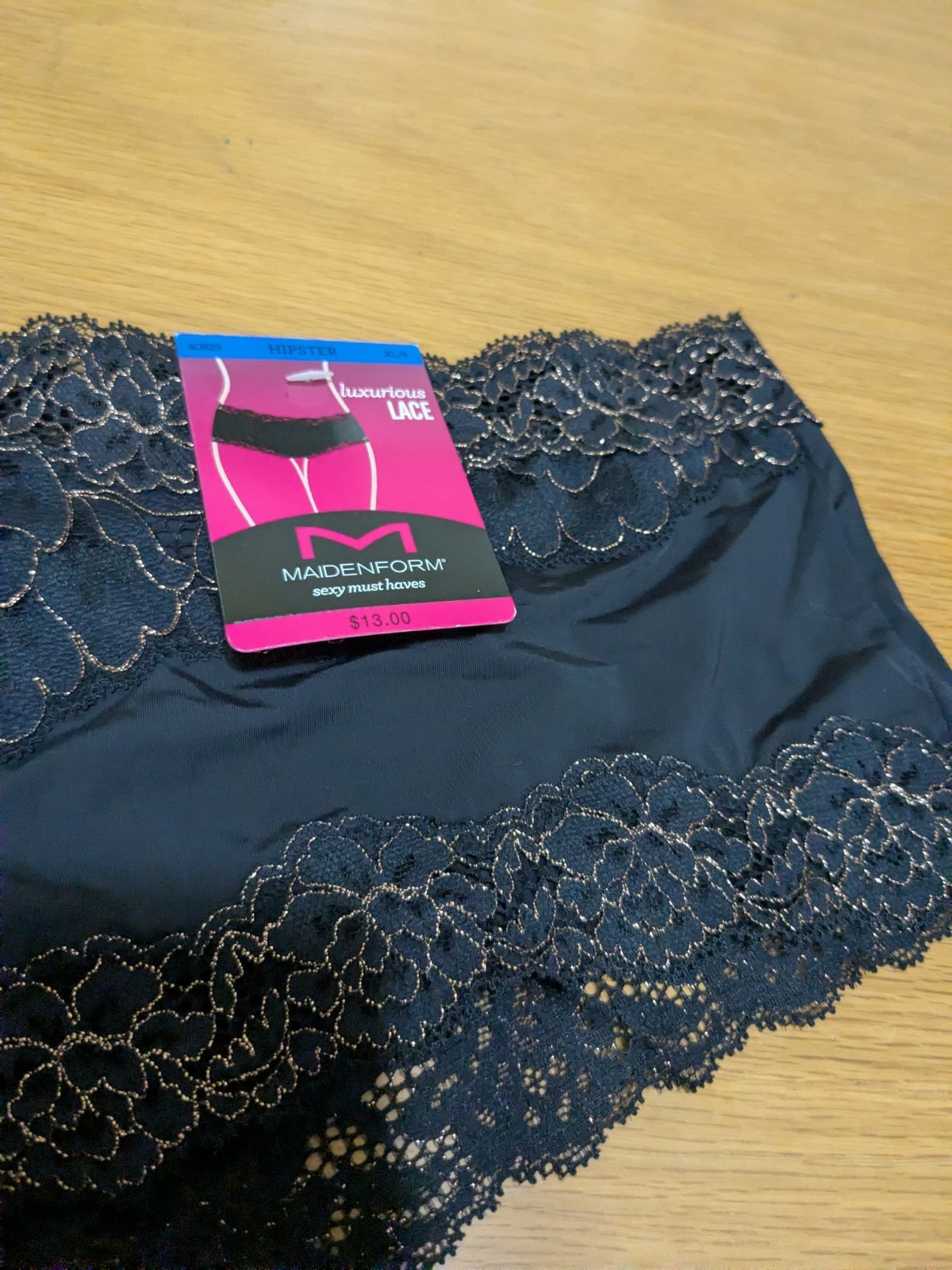 MAIDENFORM~XL 8~40823~Black Sparkle Gold Hipster Luxurious Lace