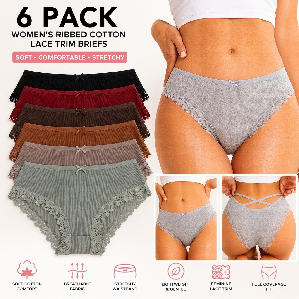 Women’s Teens Comfort Briefs Hollow Back Black Green Brown Red 6pk L