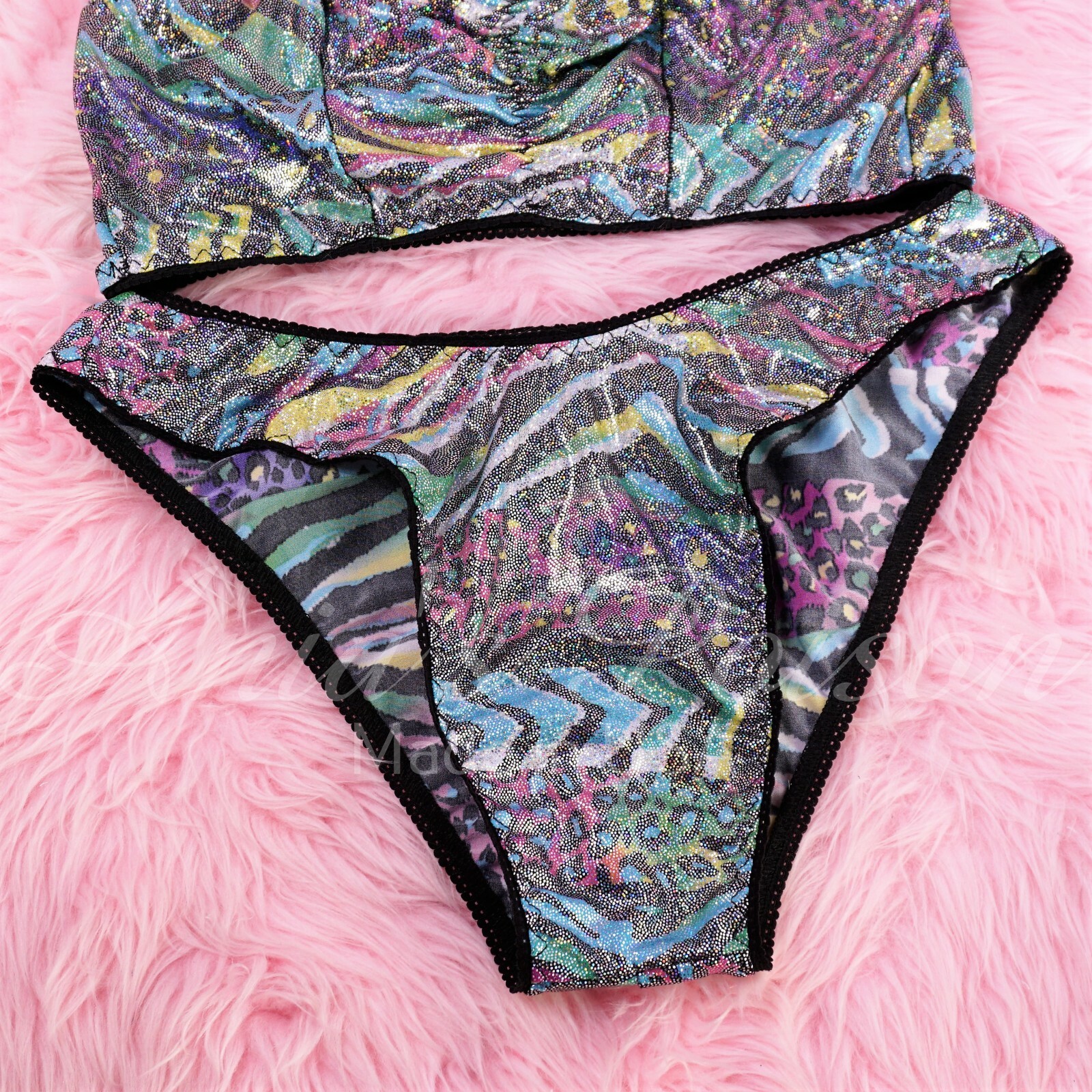 80s style Stretch Metallic Foil Sparkle high leg full bikini Bra Panties or Set
