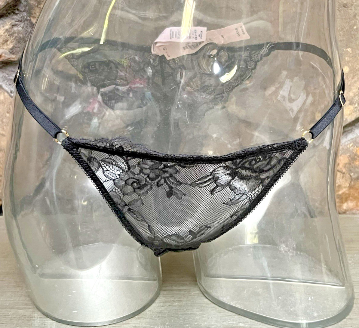 Victoria’s Secret Rose Lace BRAZILIAN Panty Sz M Adjustable Waist BLK NWT$18.95