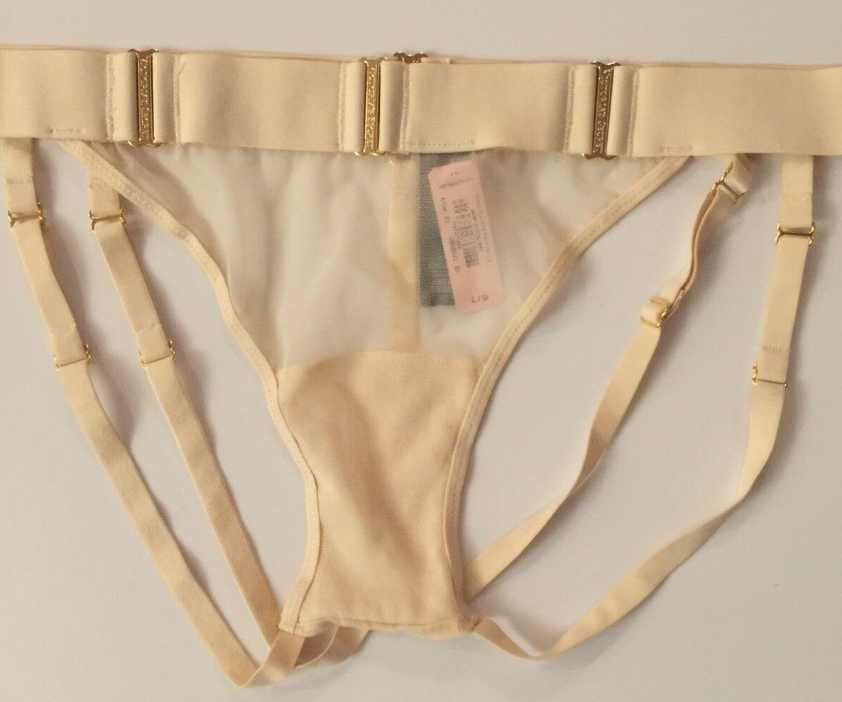 Victorias Secret Sexy Beige Brazilian Panties Size L Strappy Adj Metal Hardware