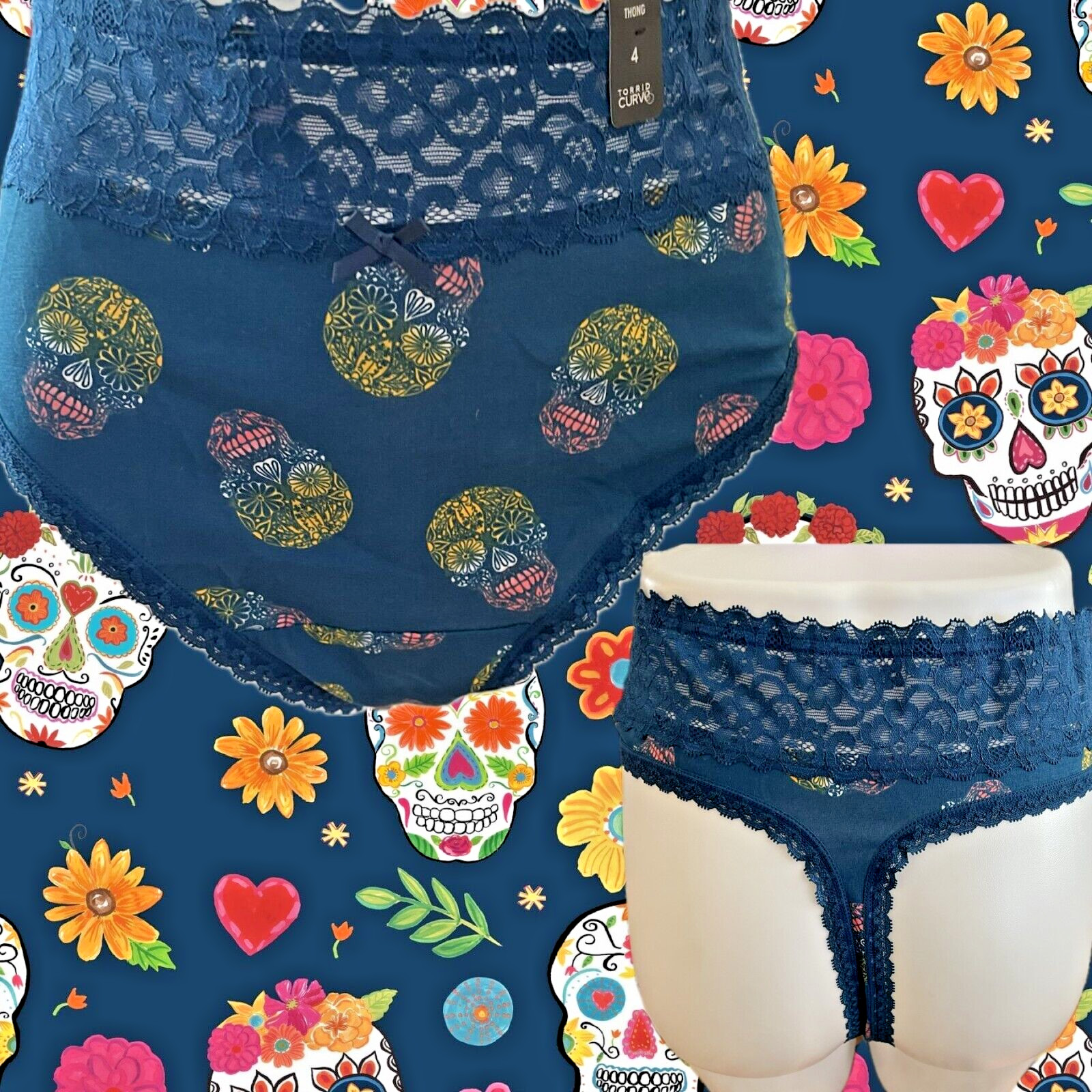 Torrid Plus 4 Teal Blue Calaveras Skull Print Wide Lace Waistband Thong Panties