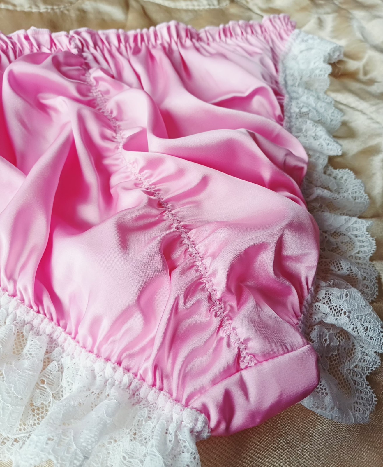 Pink Silky Satin Ruffle Lace Ruched Full Bum Panties Sissy Plus Knickers 4XL 24