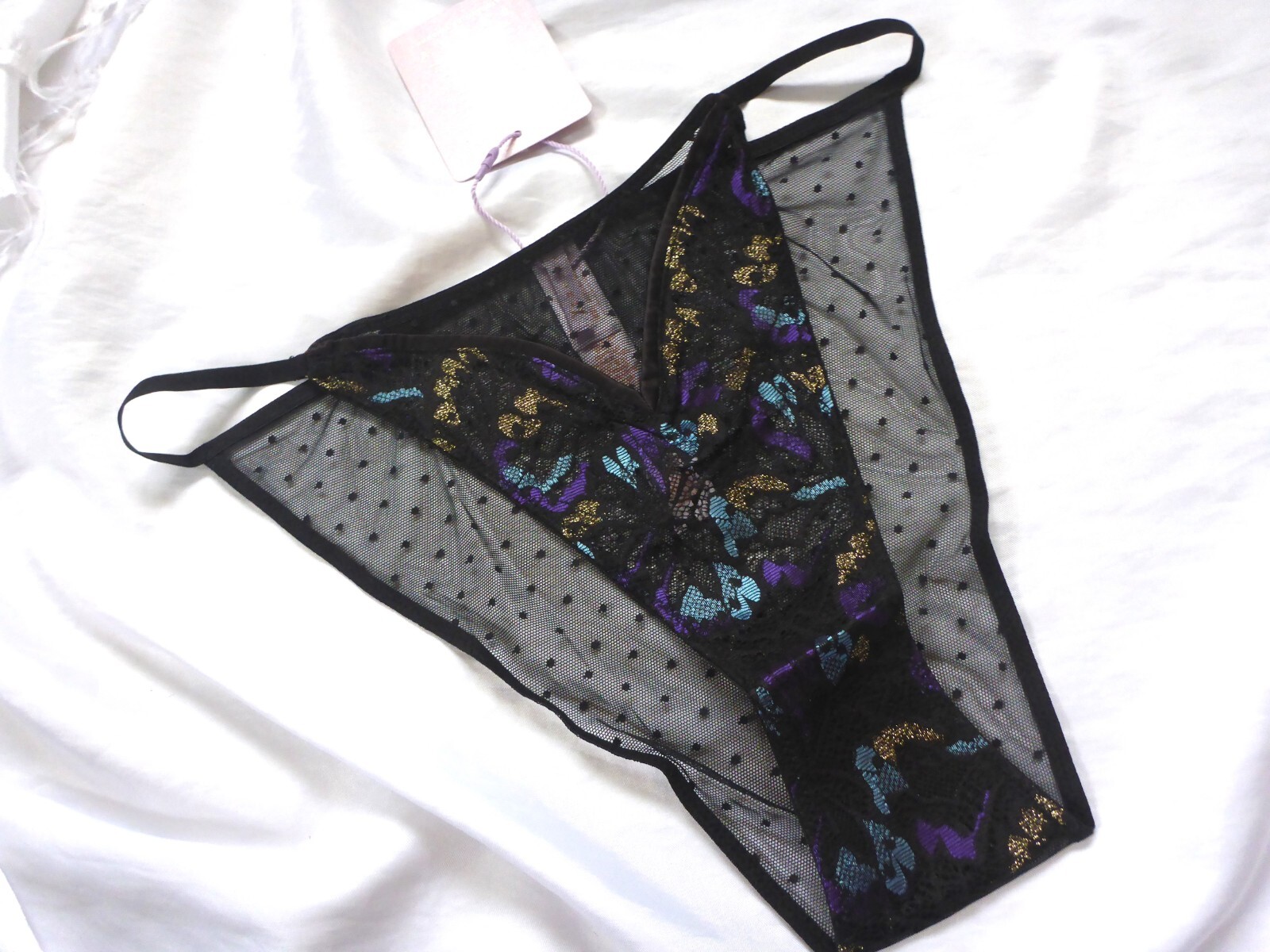L, Savage X Fenty Butterfly Wings String Bikini, blue & black lace,nylon NEW