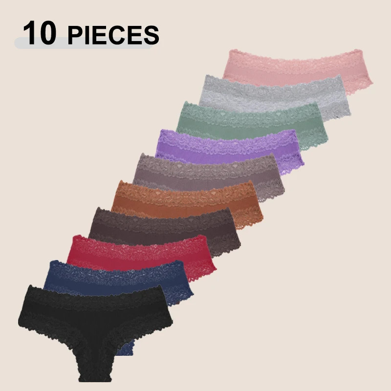 Cotton Lace Panties Women’s Low Waist Brazilian Bikini Briefs Soft 10 Pcs