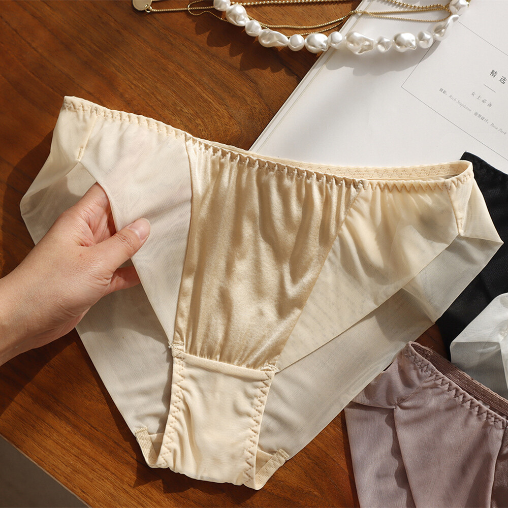 2pcs Women’s Underwear With Mesh 100 Mulberry Silk Stitching Sexy Briefs Classic