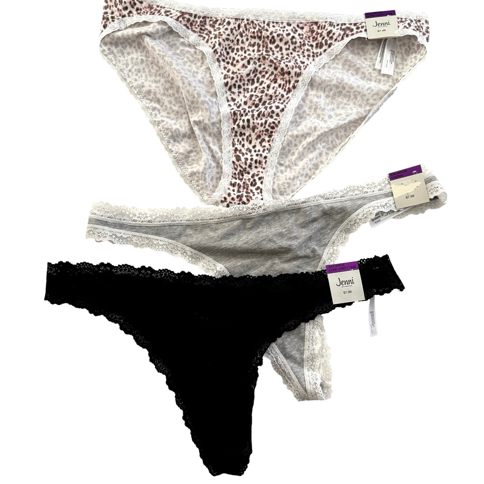 Jenni Intimates Lot 3pcs Thong Bikini Cotton Panty Gray Leopard Black Plus XXL
