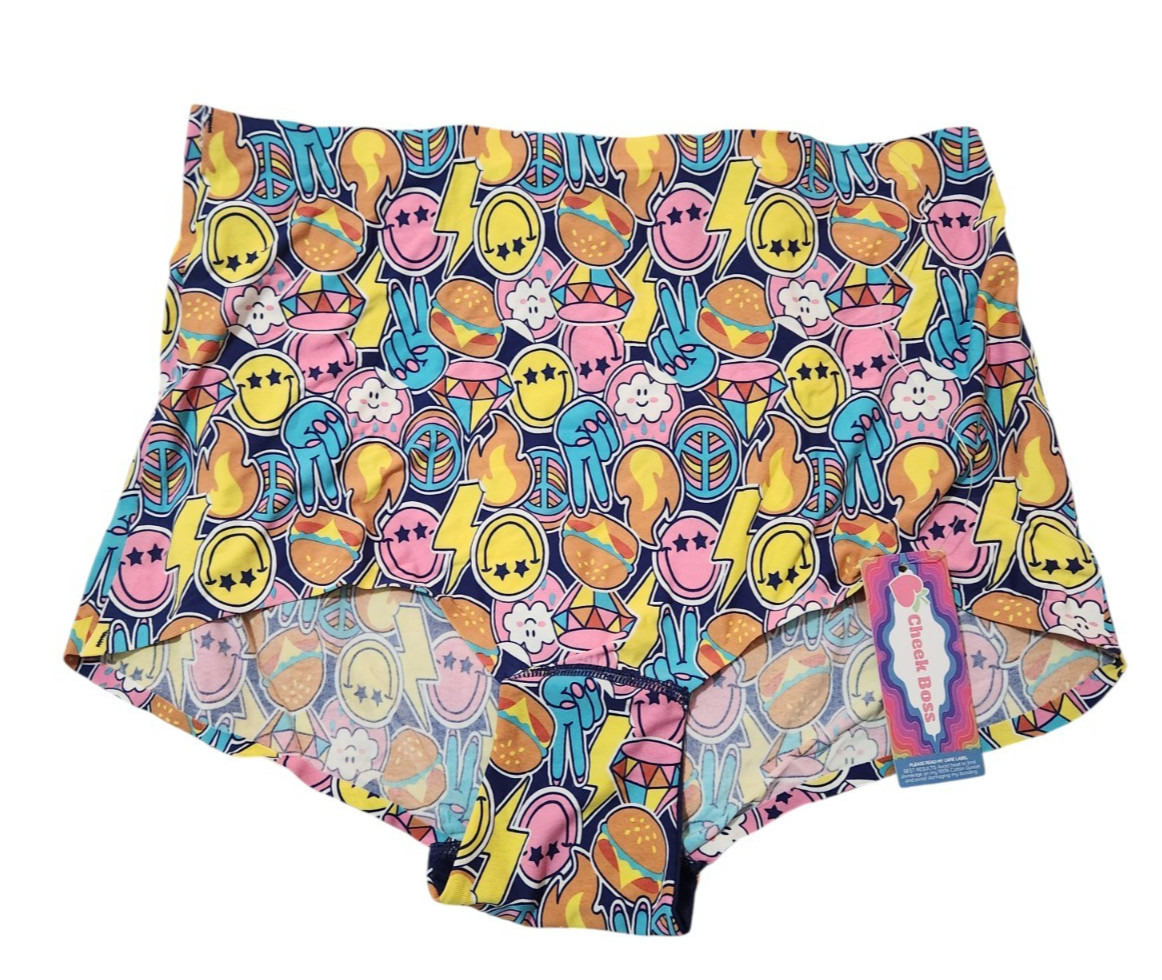 Cheek Boss Panty Womens XL Brief Underwear Panties Smiley Face Peace Sign Burger