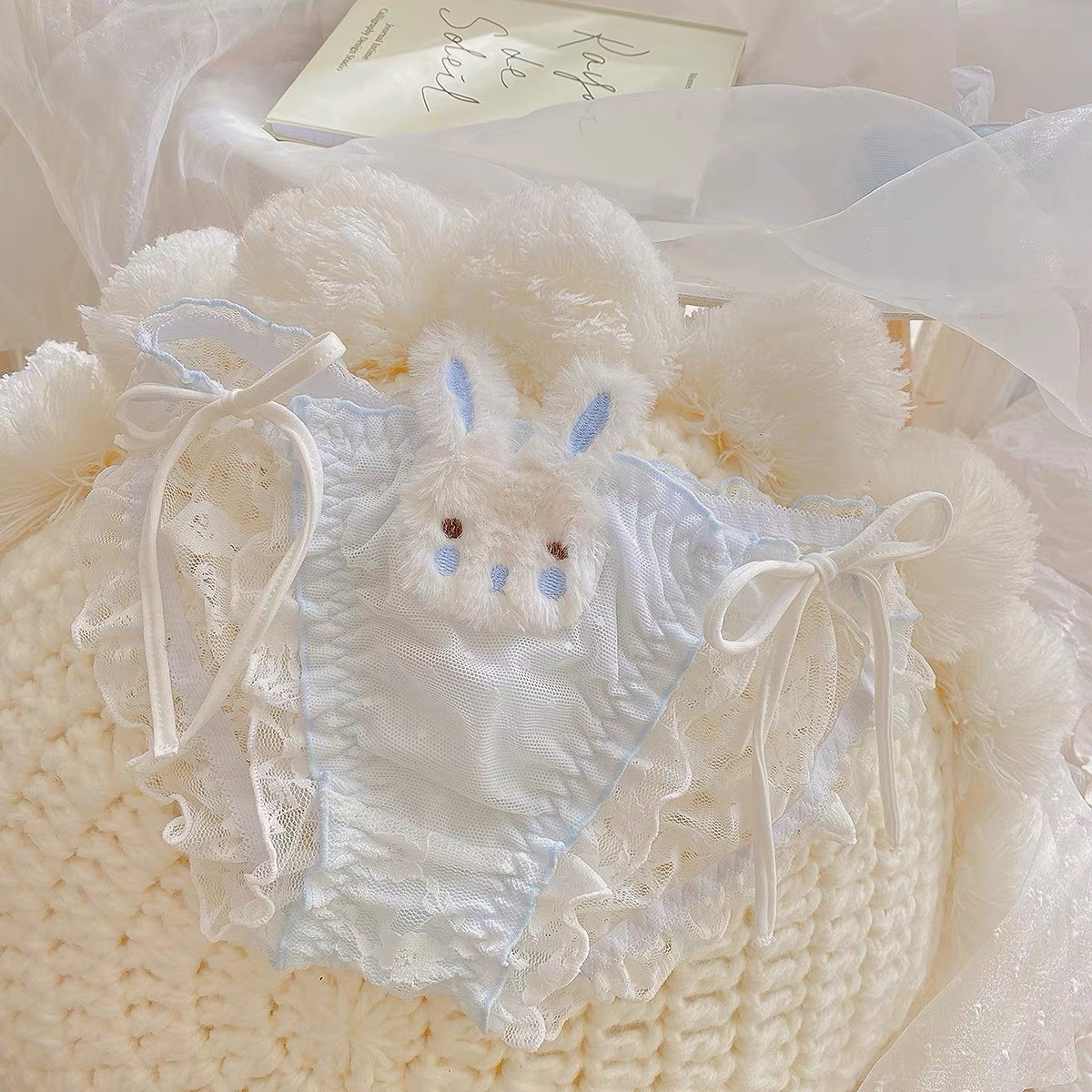 Women’s Lace Brief Panties L White/Blue Floral Bunny Bow Ruffle Breathable