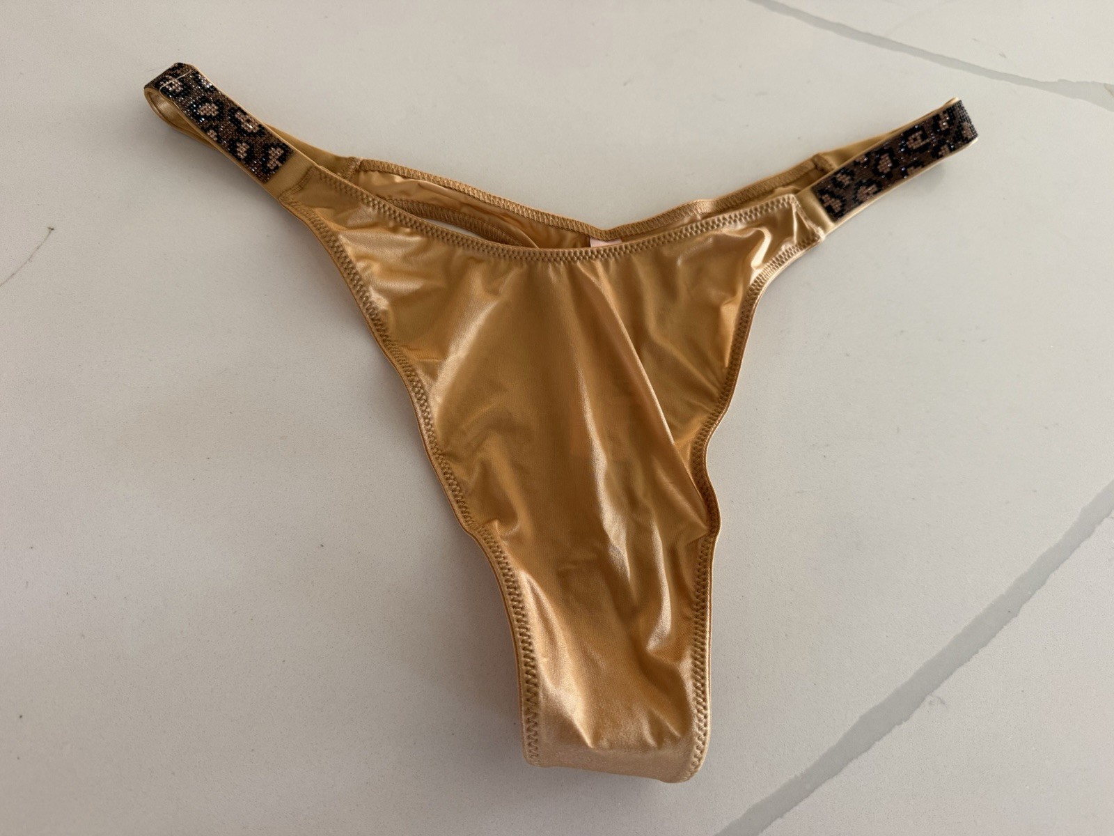 Victoria’s Secret VERY SEXY Thong Panty Leopard Shine Strap Gold Satin XL NWT
