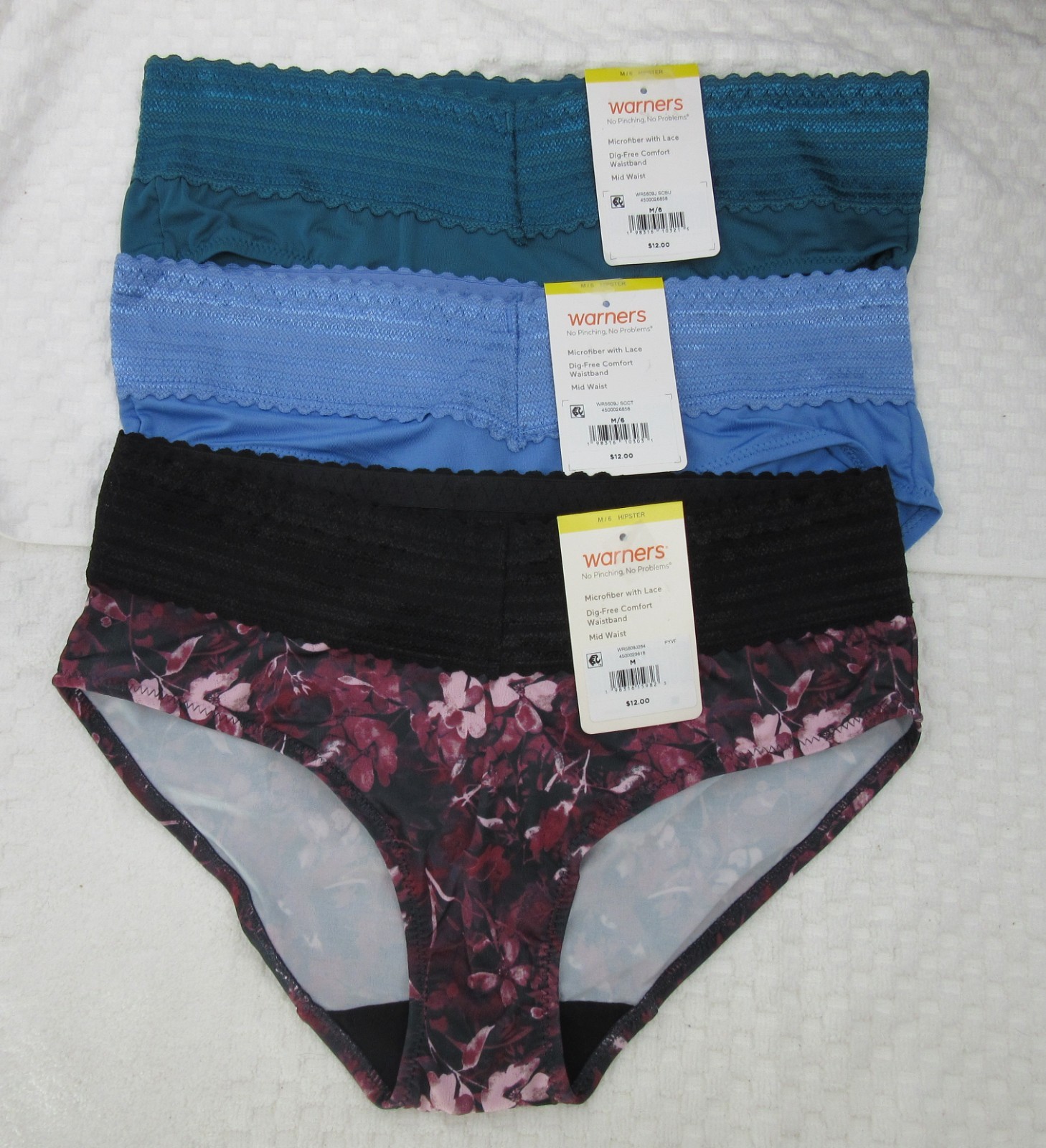 New set/3 WARNER’S no muffin top HIPSTER panties TEAL BLUE BLACK WINE FLORAL M