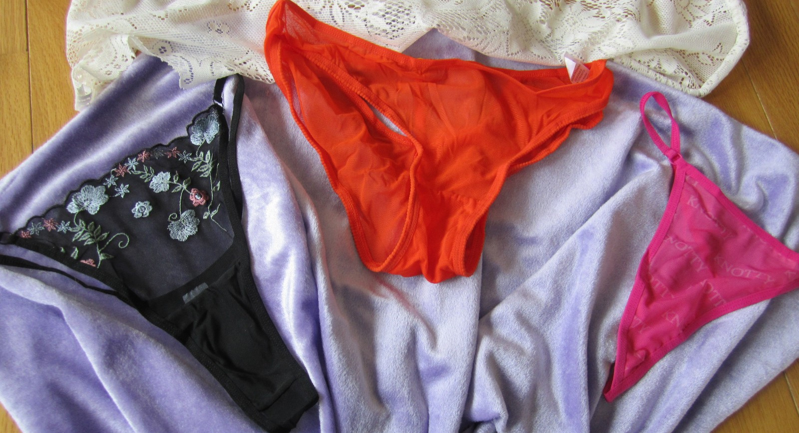 Knotty Knickers L Thong Sheer Panty Sexy Undies Black Orange Bright Pink 3 pair
