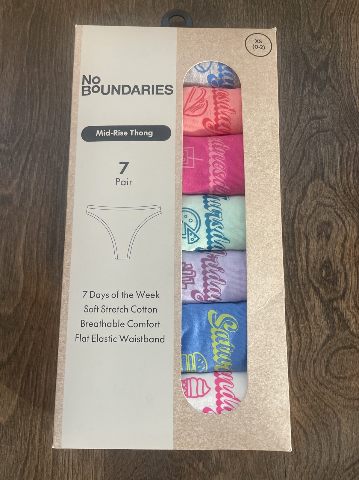 7-Pair NO BOUNDARIES Women’s XS (0-2) Cotton Blend Thong Mid-Rise Days Of Week
