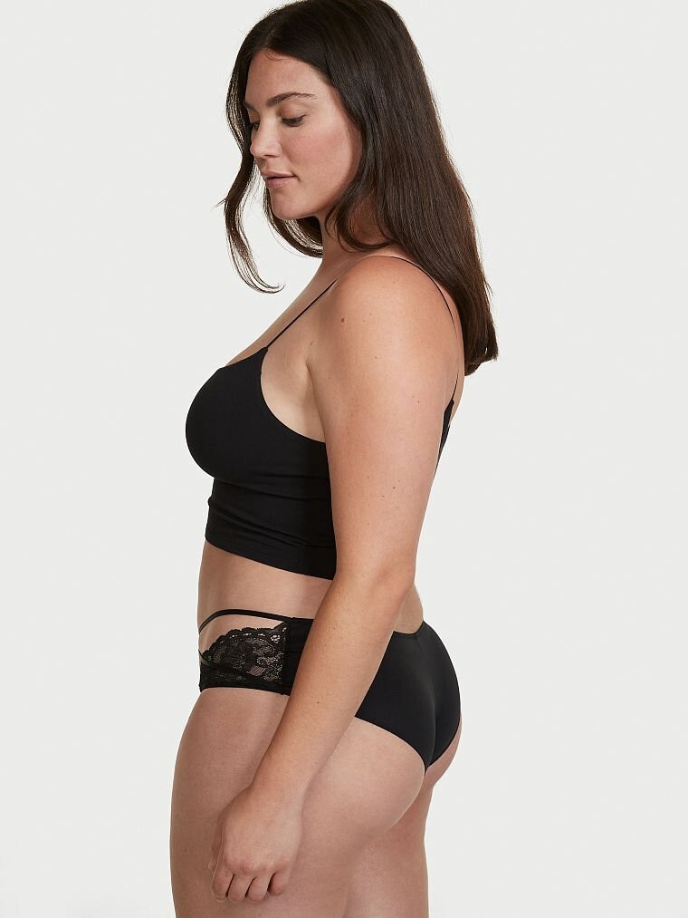 L Dk NOIR Black Strappy Ring Satin Lace Very Sexy Cheeky Victorias Secret Panty