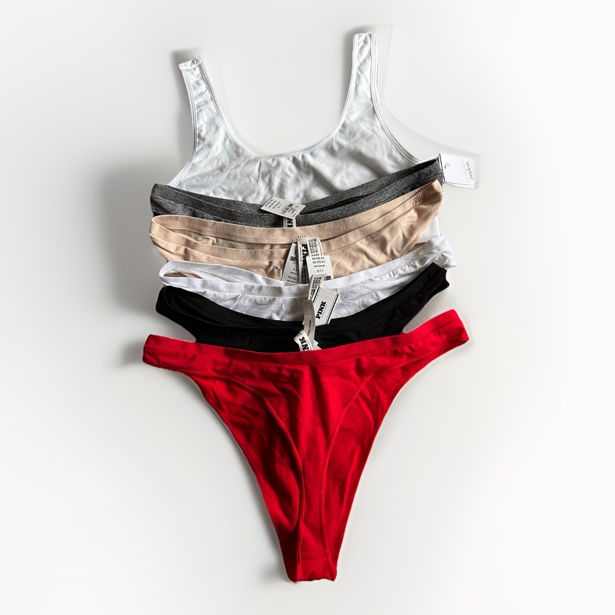 PINK Women’s Cotton Thong Panties 5-Pack Multicolor Solid, Size L and sports bra