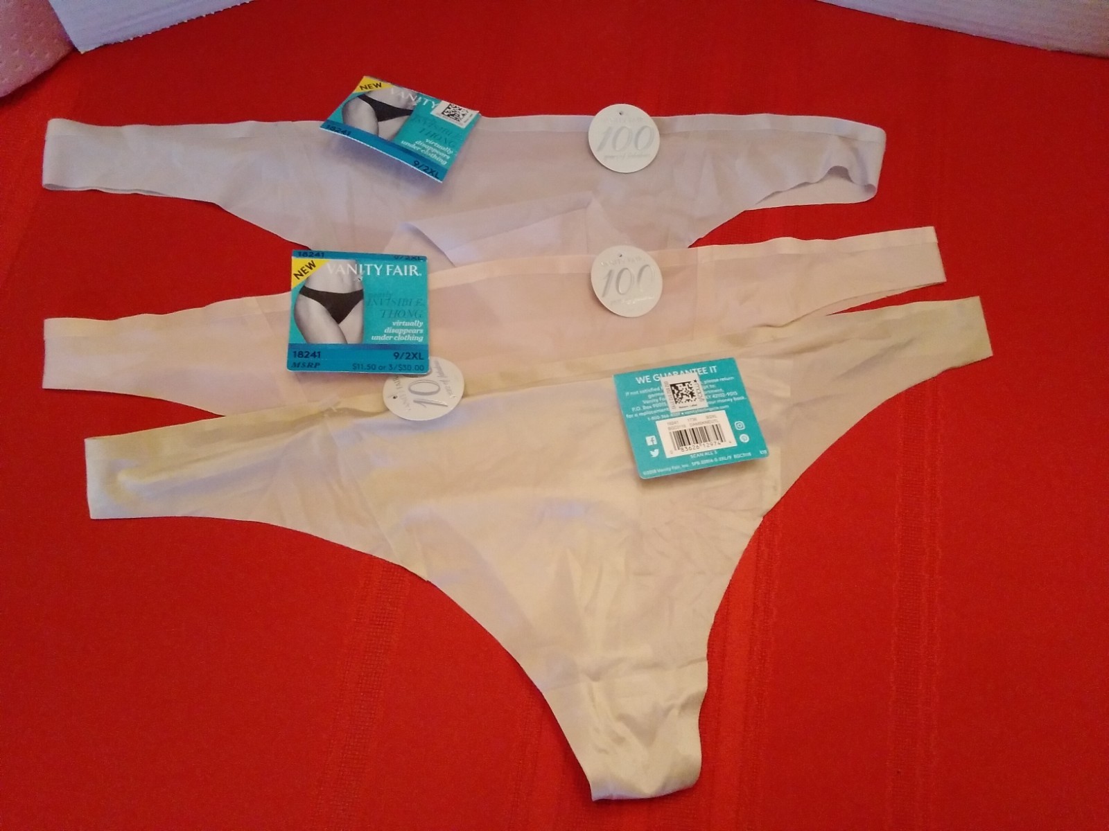 Panties NWT Vanity Fair 3 Pairs 18241 Nearly Invisible Thongs Size 9 2XL