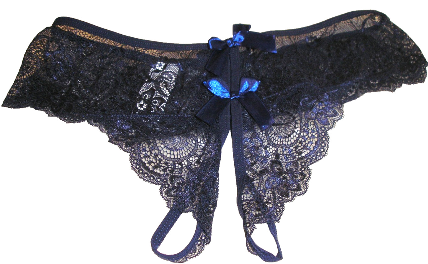 Panties Lingerie Bow Front & Back Dark Blue Lace Crotchless, 0XL Adult Gift