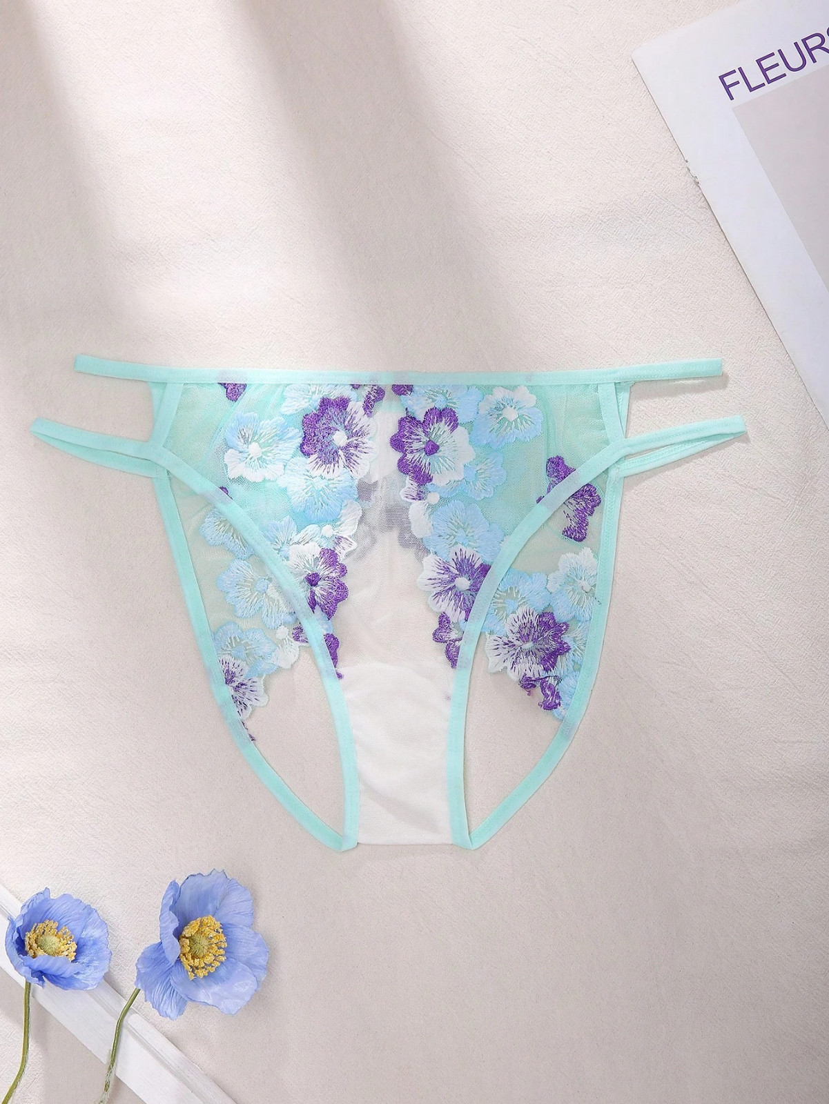 Blue Floral Front Hole Open Back Backless Sexy Sissy Lace Lingerie String Panty