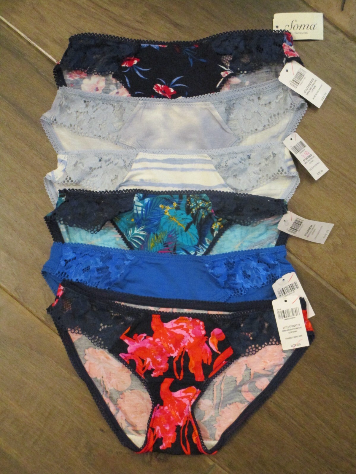 6-PACK SOMA EMBRACEABLE SIGNATURE LACE BIKINI PANTIES (BLUES) SIZE XS