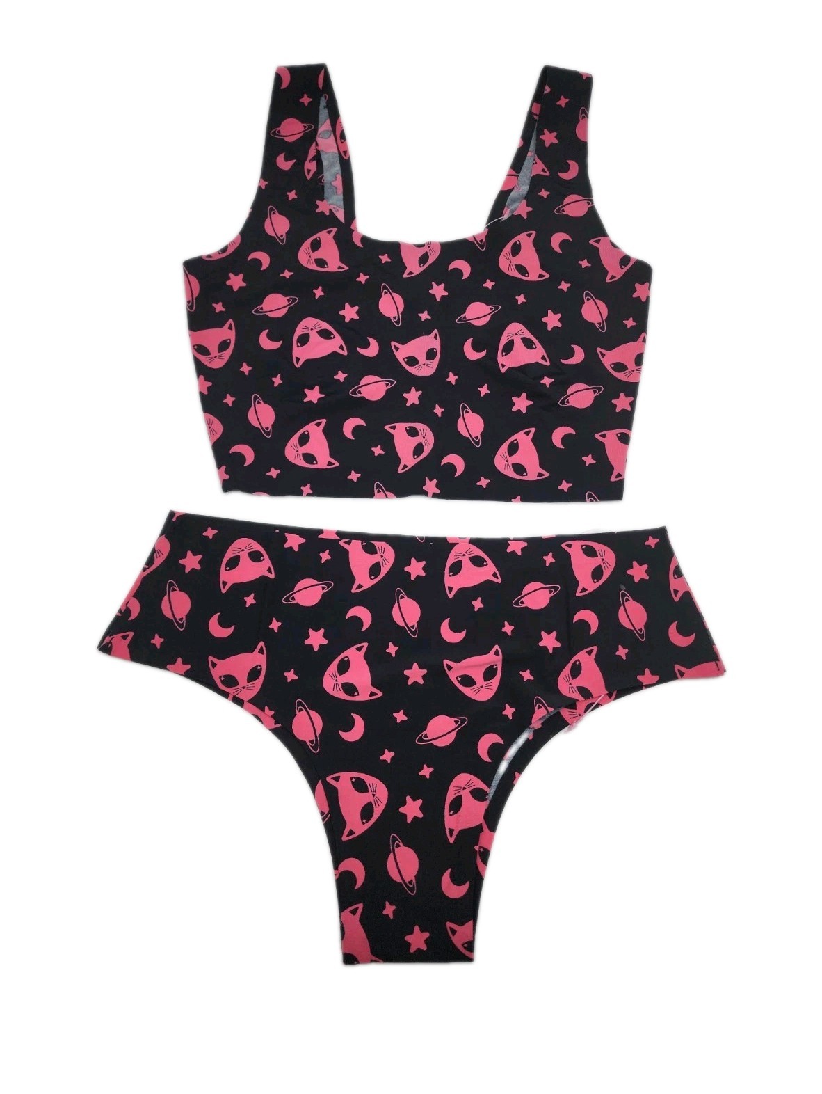 Cheek Boss Womens Size Medium Black Cat & Space Cheekies Panties & Bra Set