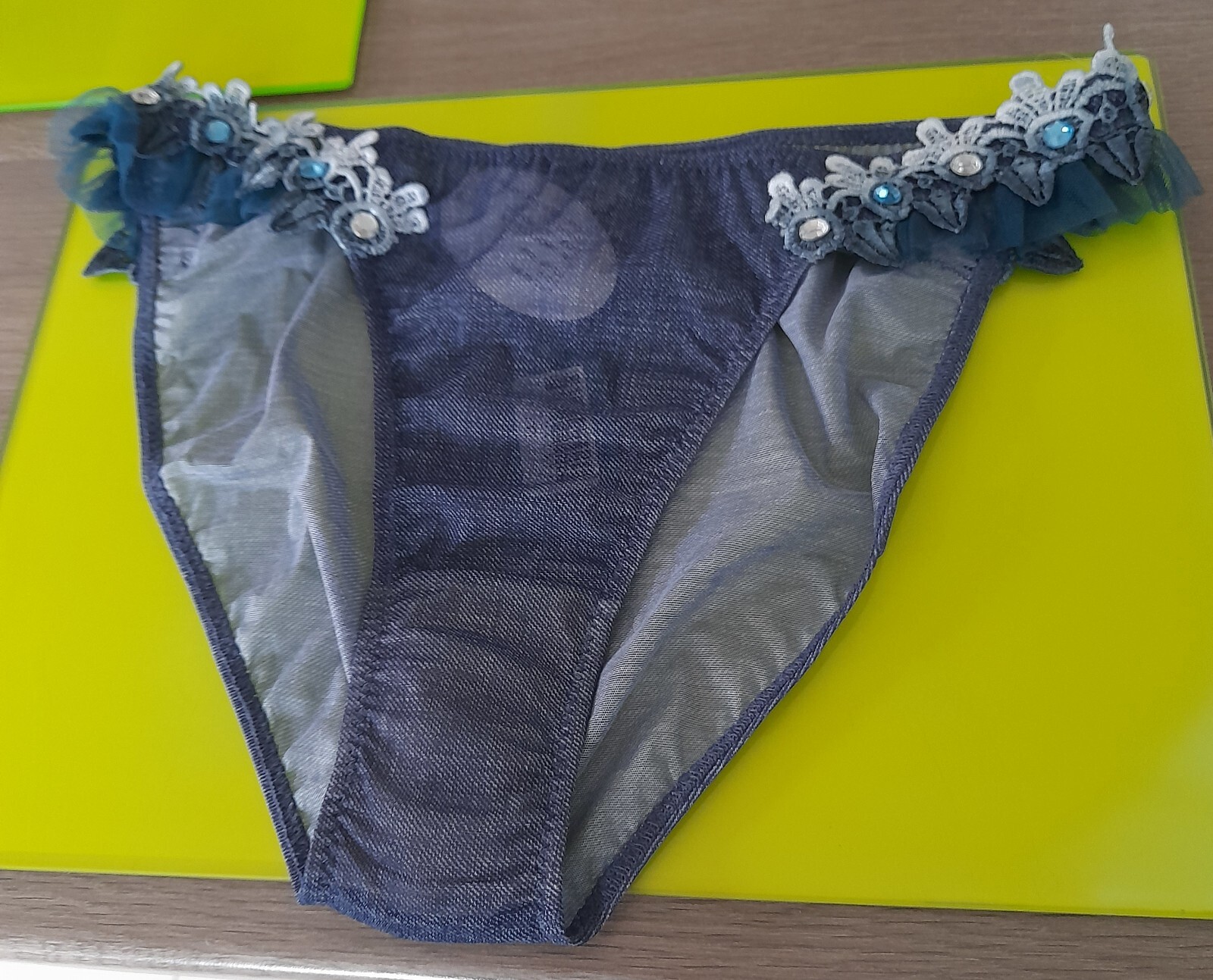 Janet Reger London Sheer Blue Denim Mesh Hipster Brief Lace/Jewels/Ruffles