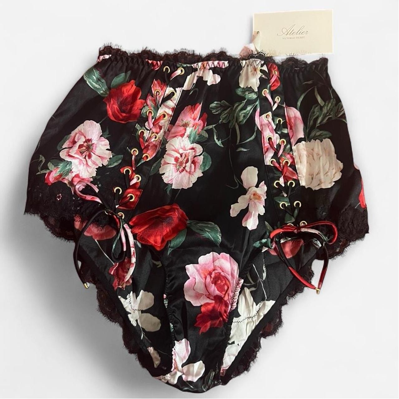 Victoria’s Secret Atelier Black Brief Panty Floral Satin Size Women’s Small NWT