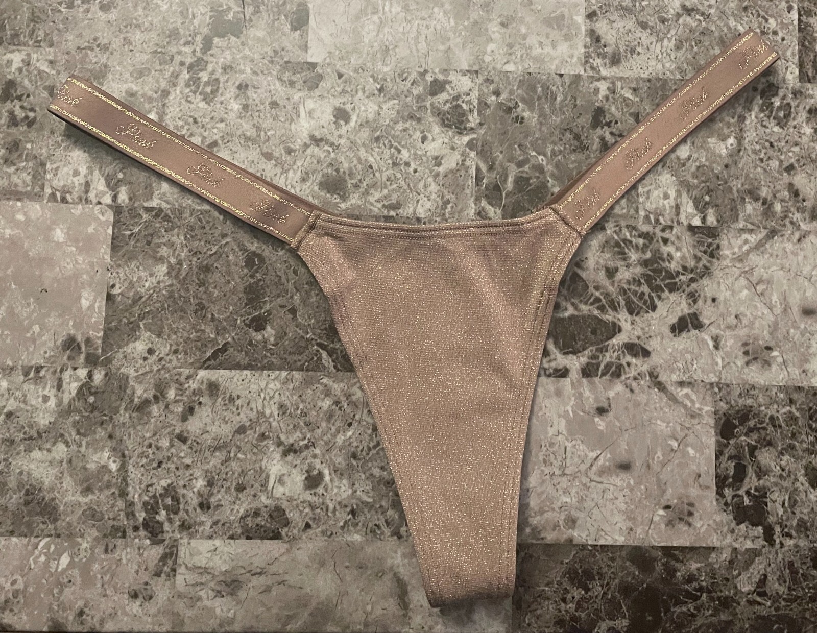 VICTORIA’S SECRET PINK TAUPE SHIMMER MICRO TINY LOGO SIDE STRAPS THONG PANTIES